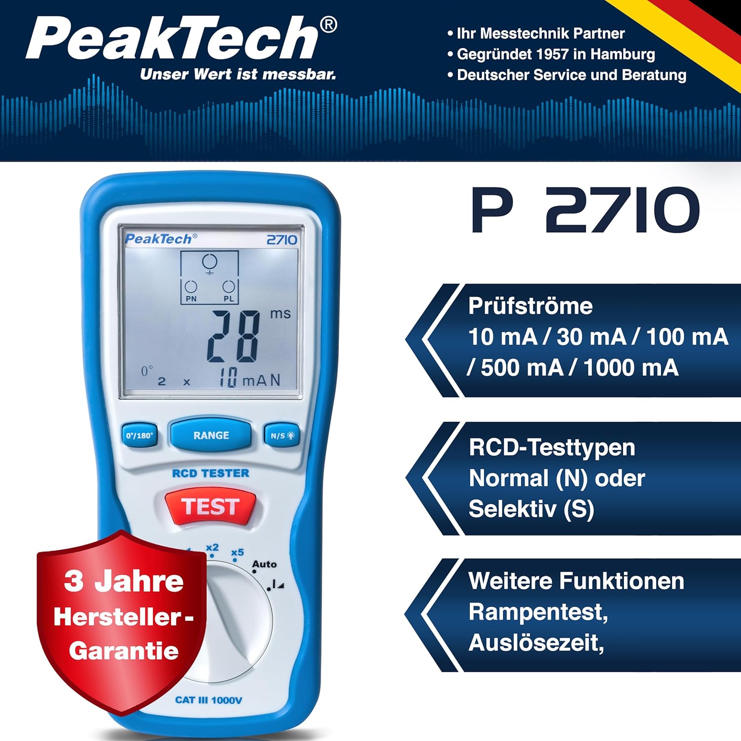 Detalle 2 de PeakTech P 2710 – Digitaler FI Tester für Auslösecharakteristik 230V/50Hz mit LCD-Display, CAT III 600V
