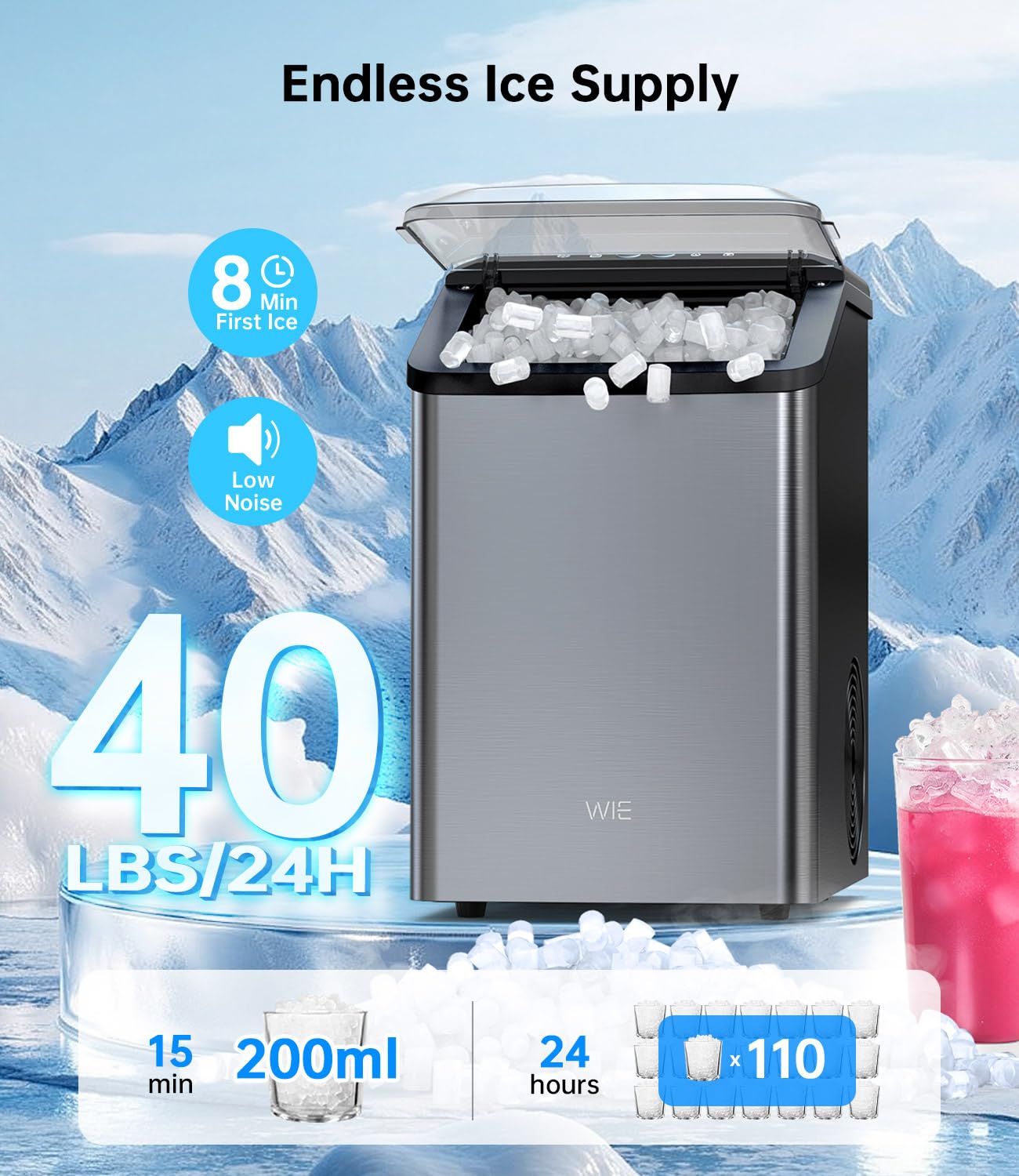 Detalle 2 de WIE WI40USN-B015S-OB-HG-OV Nugget Ice Maker, 40 lb Daily Output