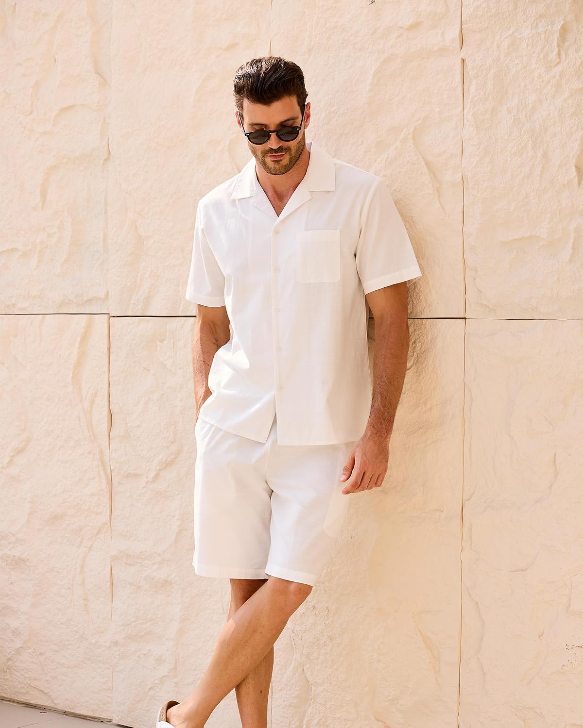 Detalle de Kallspin Herren Sommer-Baumwoll-Shorts mit Elastikbund – Leichte Strand-Shorts mit Taschen
