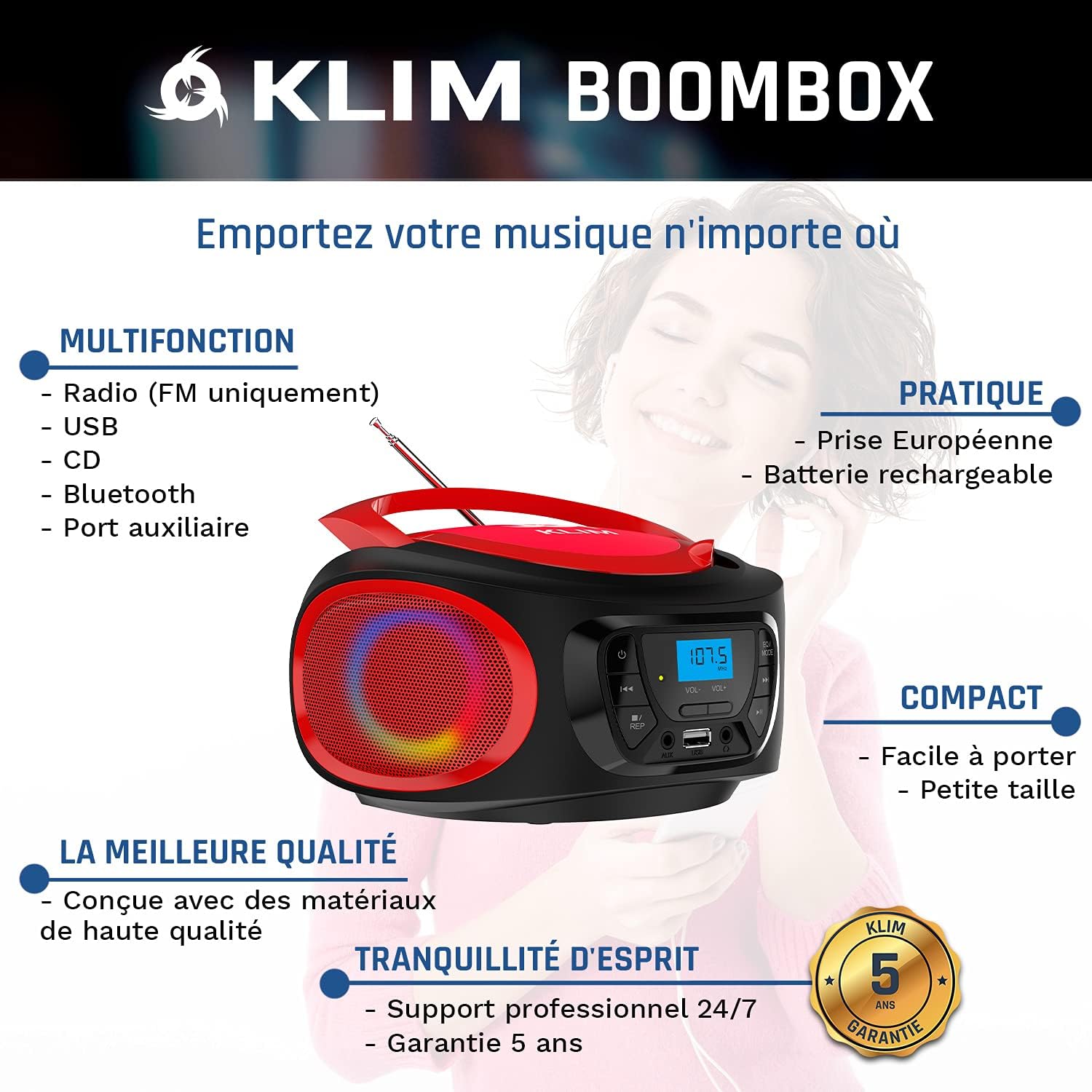 Detalle 2 de KLIM Boombox Poste CD portable 20 présélections
