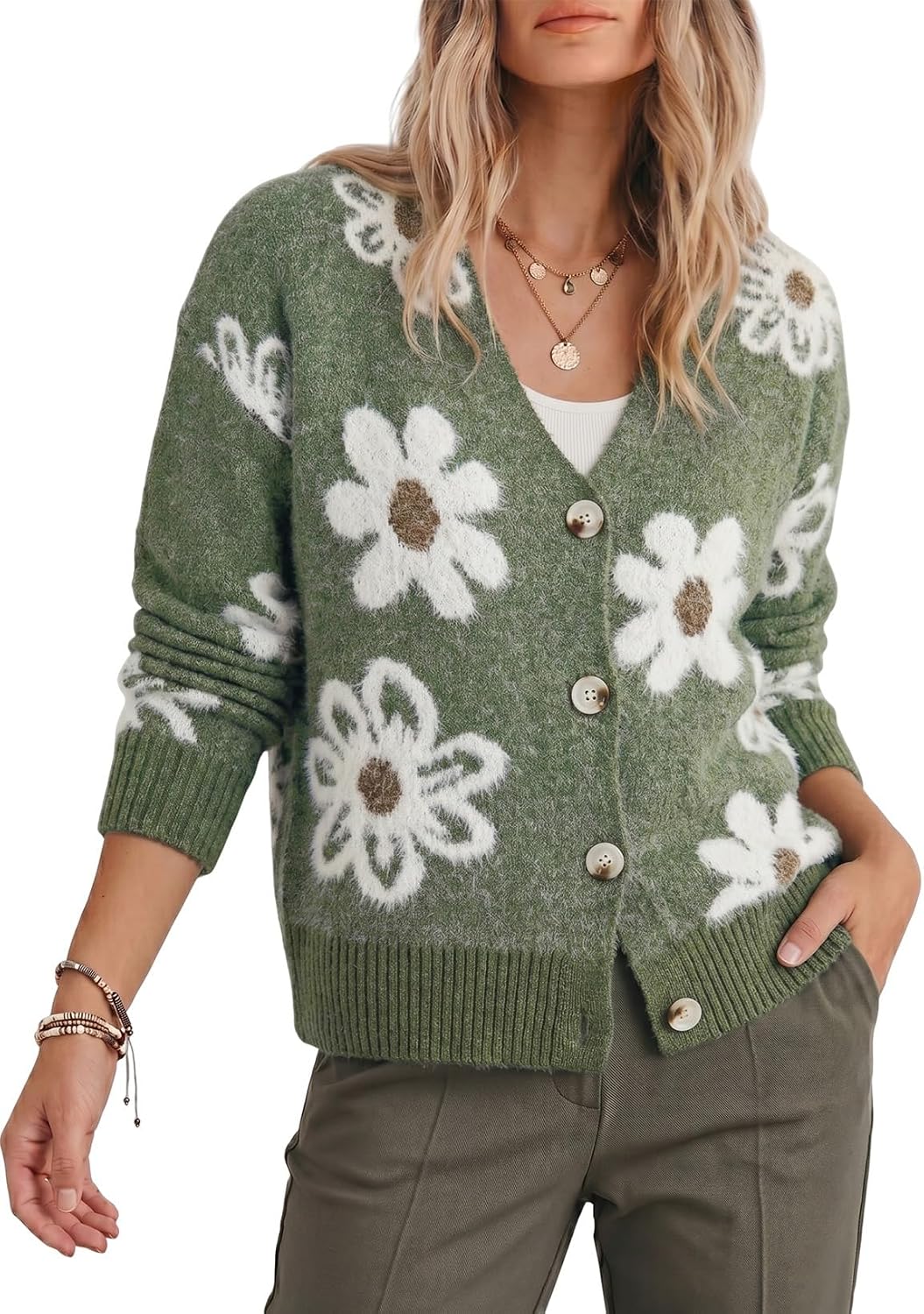 Detalle de Dokotoo Cardigan Sweaters V‑Neck Floral Button‑Down