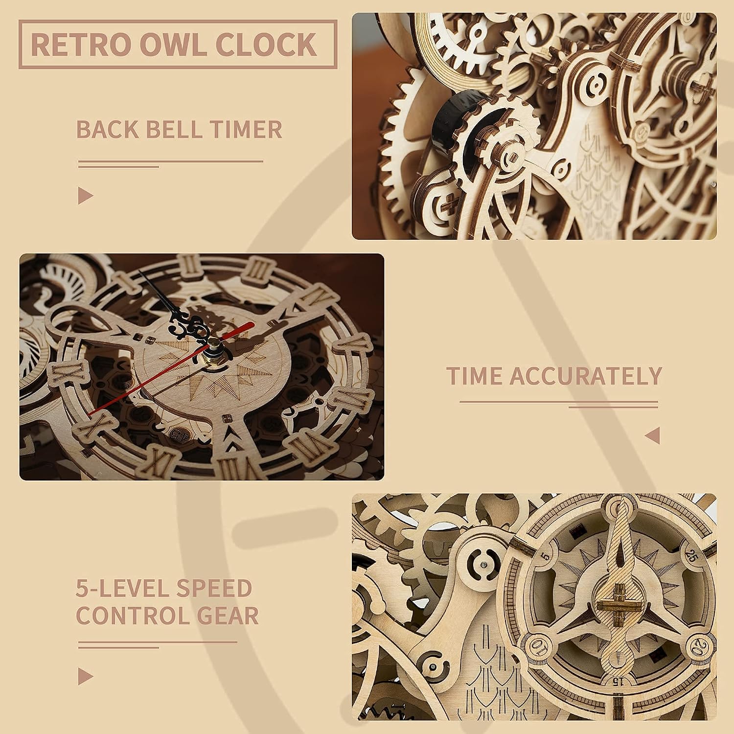 Detalle de Robotime Gufo Sveglia 3D Puzzle in legno LK503: kit autoassemblaggio con timer a campana