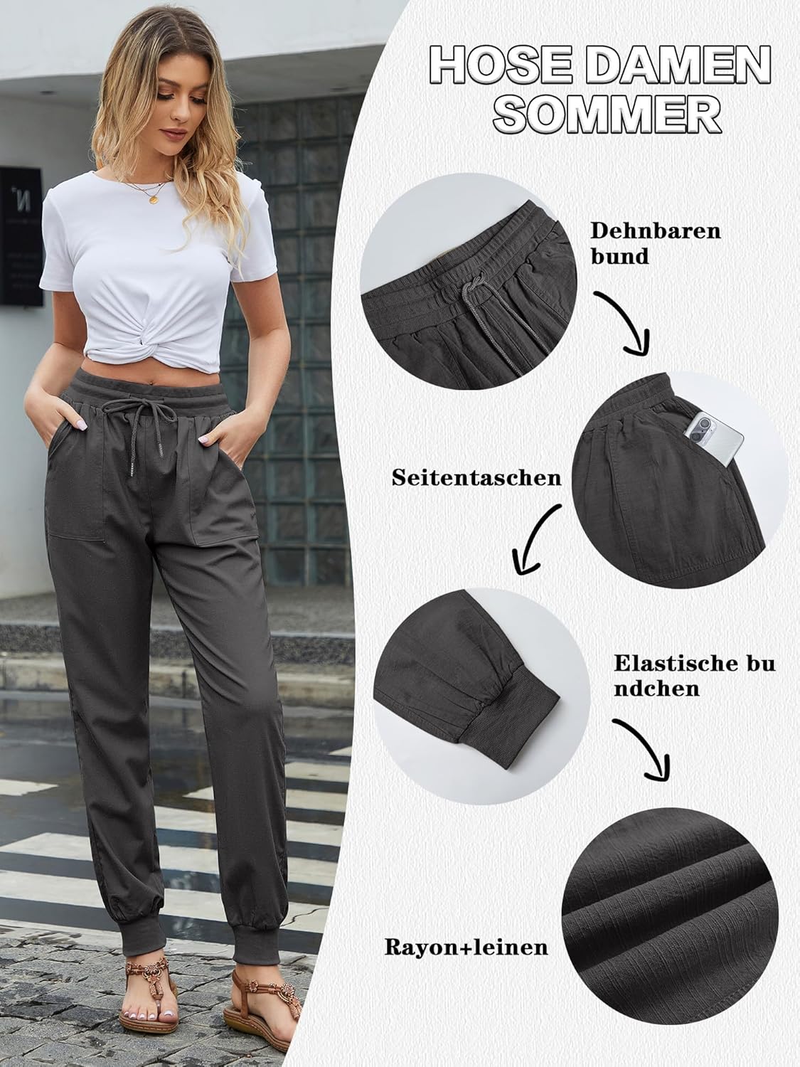 Thumbnail 3 de Damen Sommer-Stoffhose aus Baumwolle/Leinen mit Stretch, geradem Bein & Seitentaschen