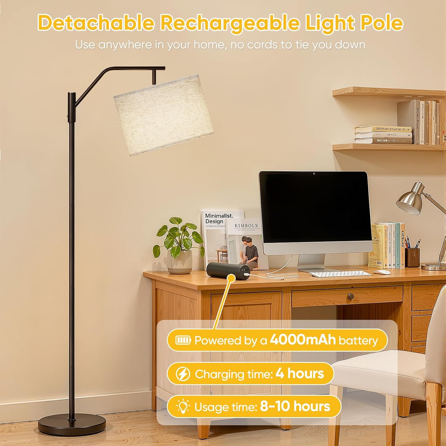Detalle de TaoFiaCo 168CM Akku LED Stehlampe – kabellose Bogenlampe mit Fernbedienung, 3 Farbtemperaturen, dimmbar