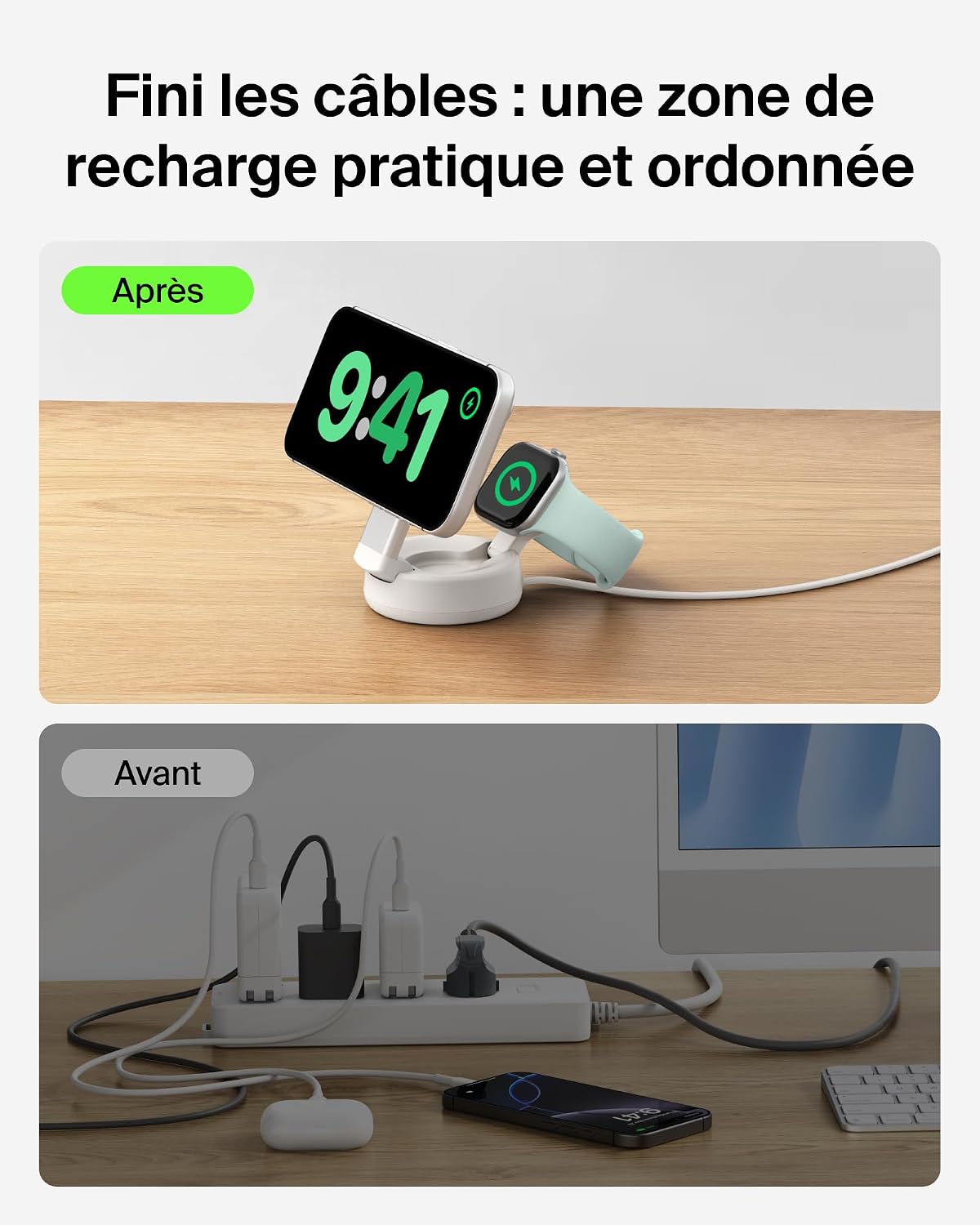 Detalle de Belkin UltraCharge 2-en-1 MagSafe : Chargeur Qi 25 W pliable et élégant avec adaptateur 45 W
