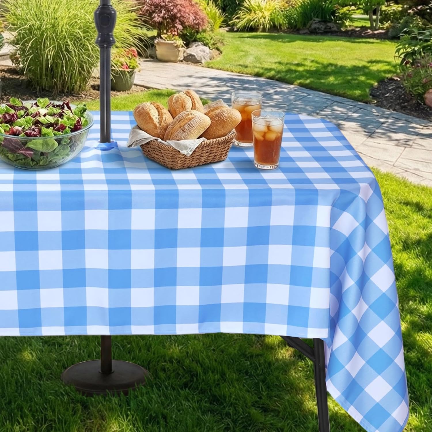 Thumbnail 6 de Eternal Beauty 132x178cm Rectangle Blue Checkered Tablecloth with Umbrella Hole and Zipper