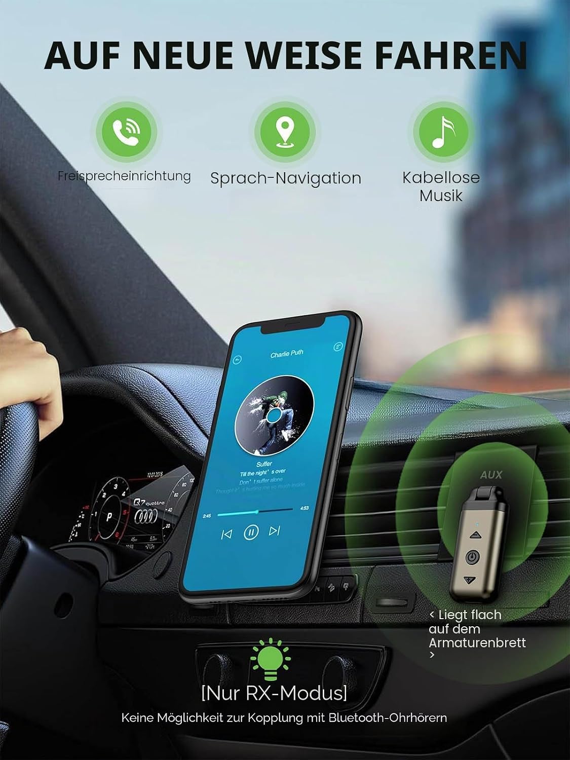 Detalle de HVMLAK Air88 Aux Bluetooth 5.4 Adapter Auto – kabelloses Audio für unterwegs, rotierender 3.5 mm Anschluss