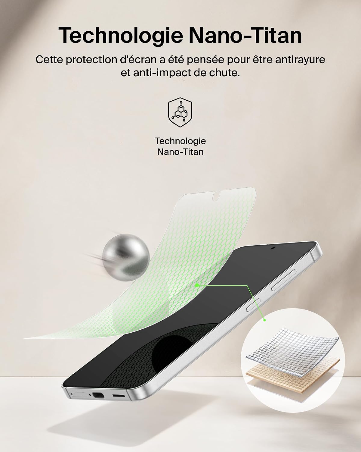 Detalle de Belkin ScreenForce Titan EcoGuard: Protection d'écran avec filtre lumière rouge pour Samsung Galaxy S26+