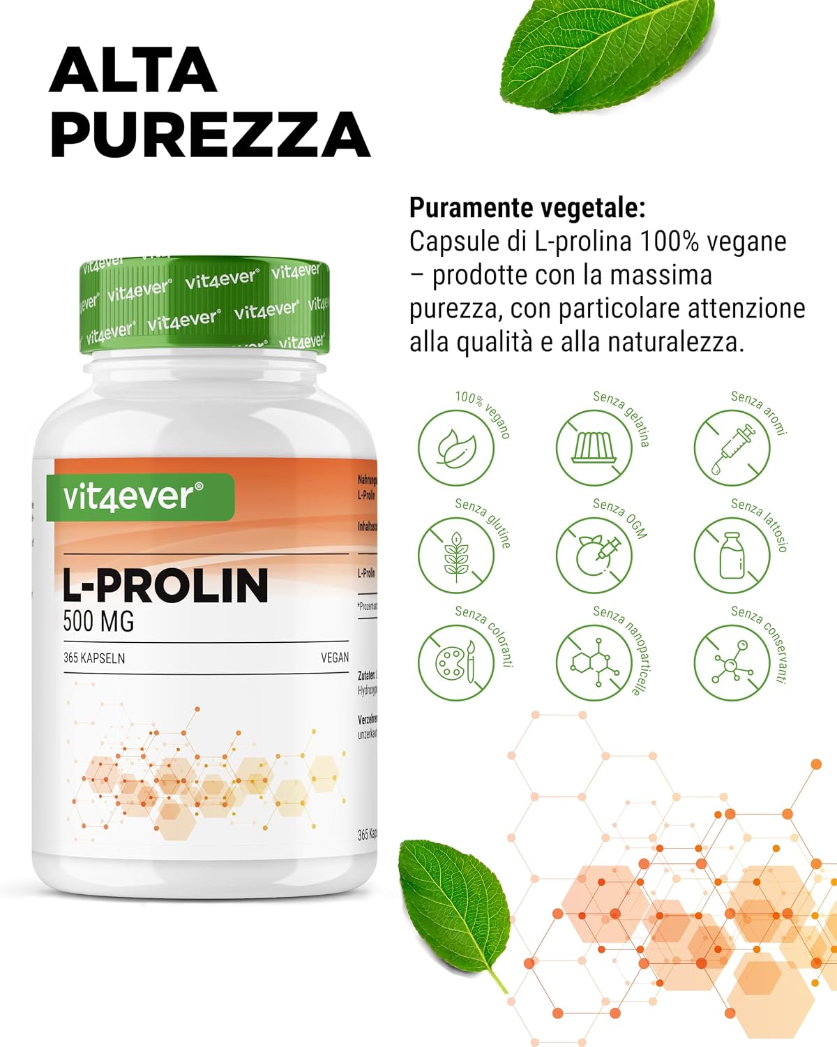 Detalle de Vit4ever L-Prolina 365 capsule – Dosaggio elevato 1000 mg/giorno, puro vegano