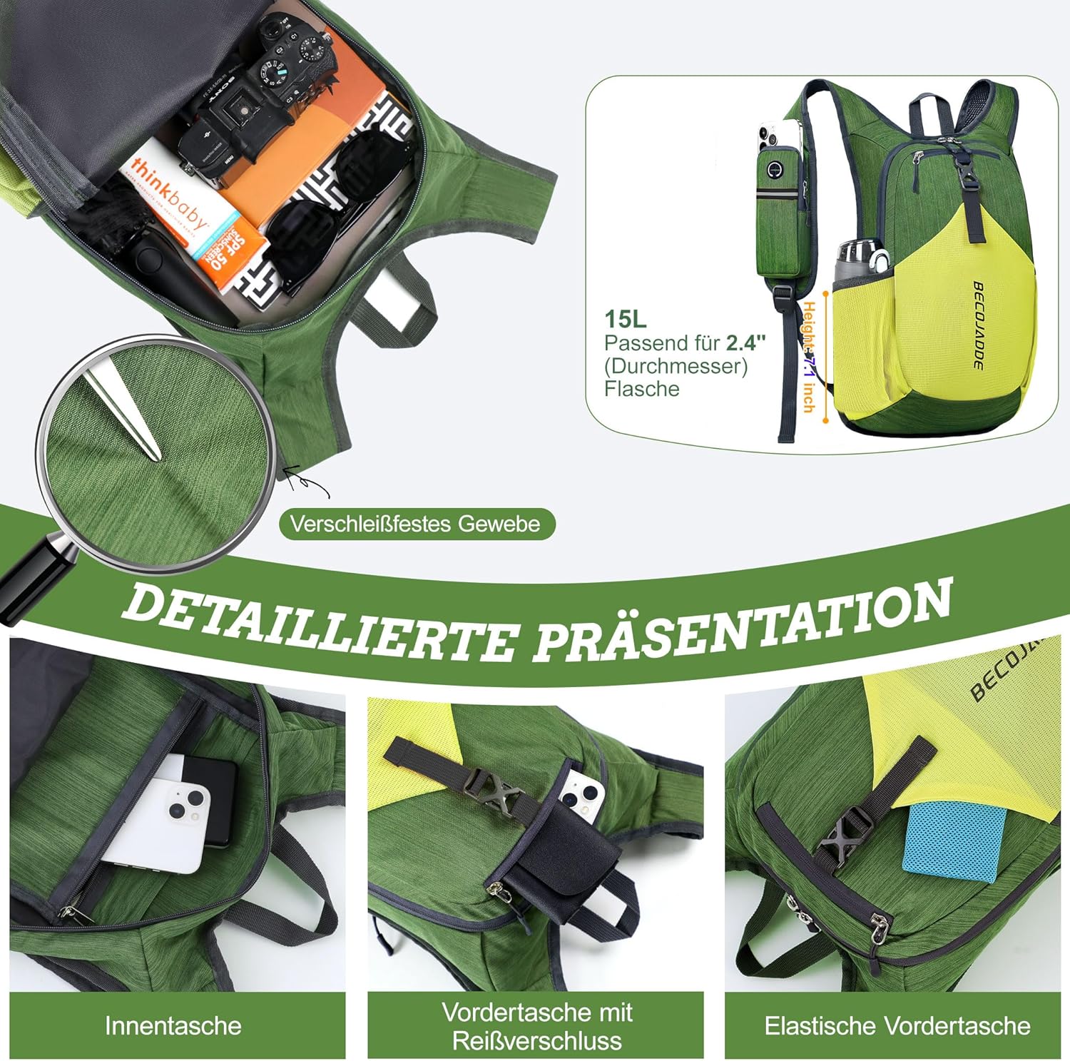 Thumbnail 2 de BECOJADDE 15L Wanderrucksack mit Faltfunktion – leichter Daypack für Camping, Outdoor und Reisen (olivgrün/gelb)