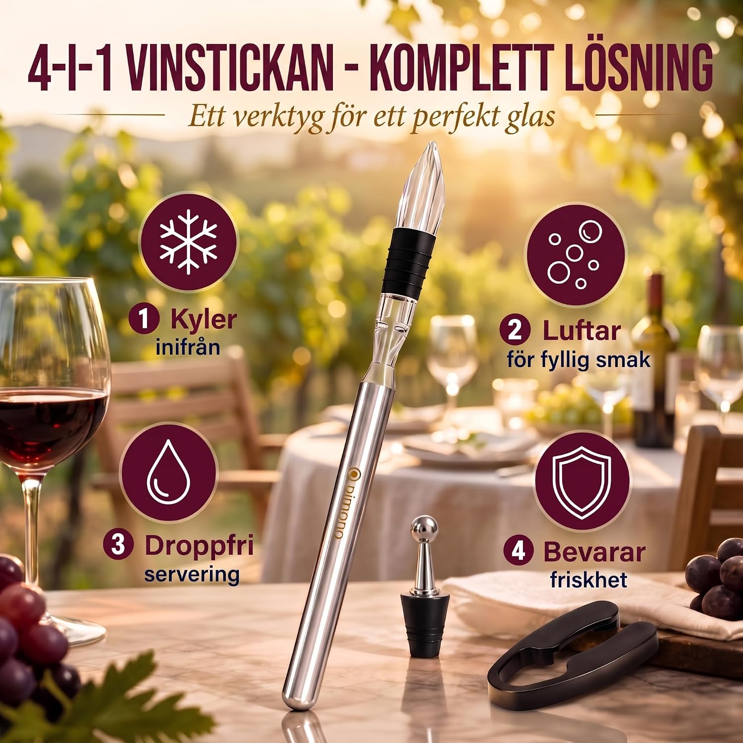 Detalle de Dimono Kühlstab 4-i-1 vinkylningsstav i rostfritt stål med vinluftare