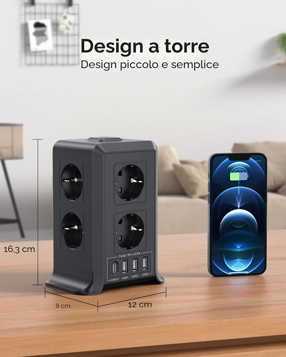 Detalle de Ciabatta multipresa Sameriver con interruttore e 4 USB (3 USB-A + USB-C) a torre, cavo 2 m