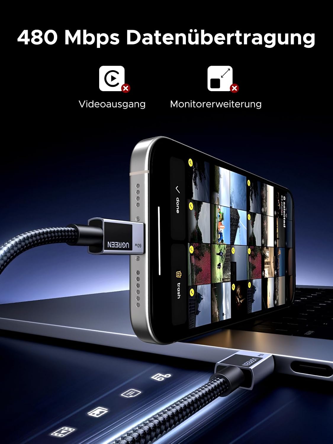 Detalle de UGREEN 60W USB‑C auf USB‑C Kabel PD 3.0 – 3 m