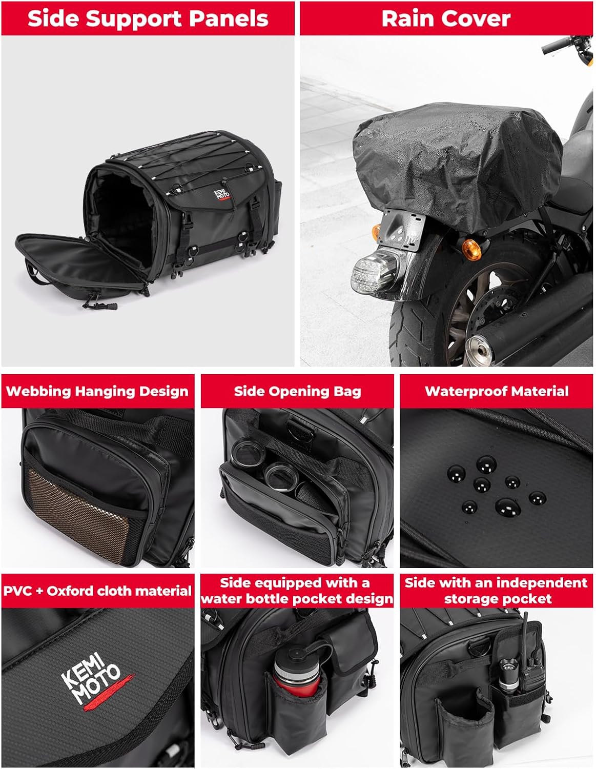 Thumbnail 3 de KEMIMOTO Expandable Motorcycle Travel Luggage Bag (24L-32L) with Rain Cover and Reflective Straps