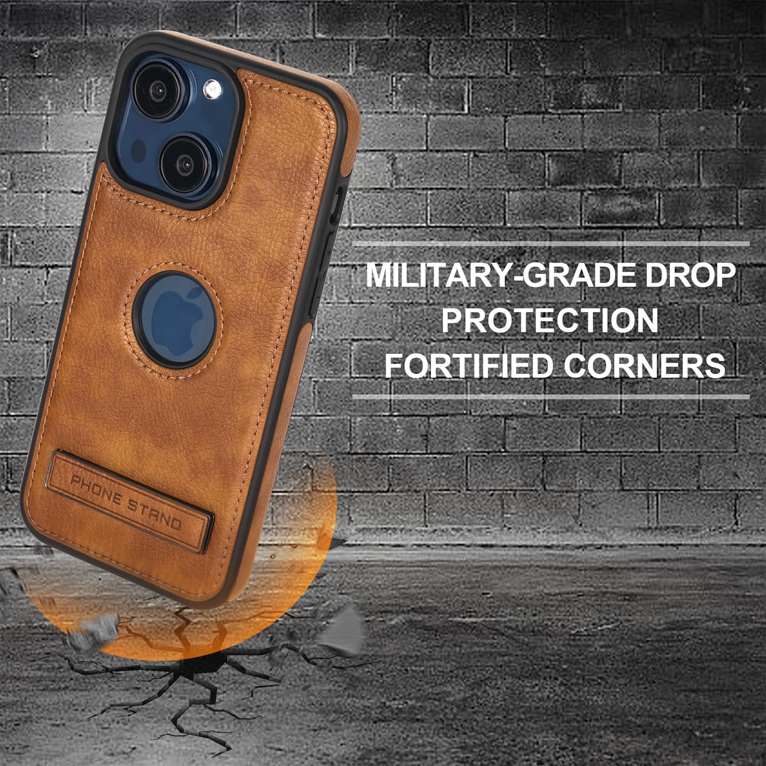 Detalle de KSELF Leather Case for iPhone 15 (6.1-inch) — Thin, Flexible Soft-Grip Brown Cover with Metal Kickstand