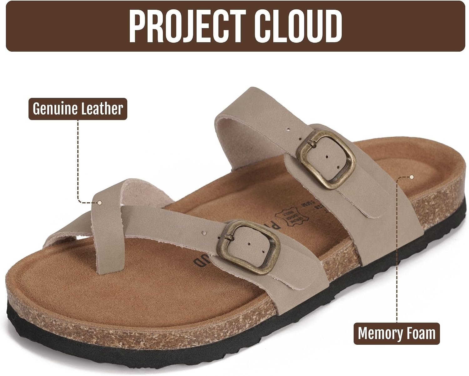 Detalle de Project Cloud 100% Genuine Leather Womens Sandals (Lightweight, Memory Foam Insole, Cork Footbed) by Lian