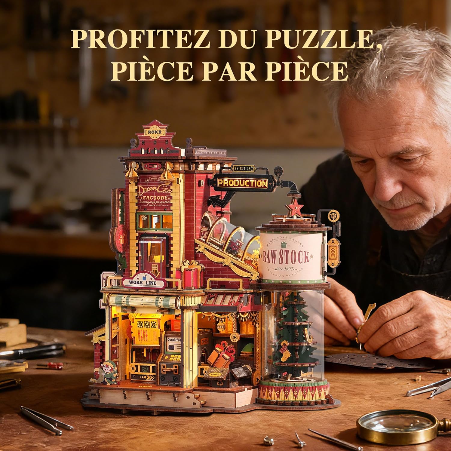 Thumbnail 1 de ROKR Dream Gift Factory Puzzle 3D en bois EAB01 – maquette à construire lumineuse, 449 pièces