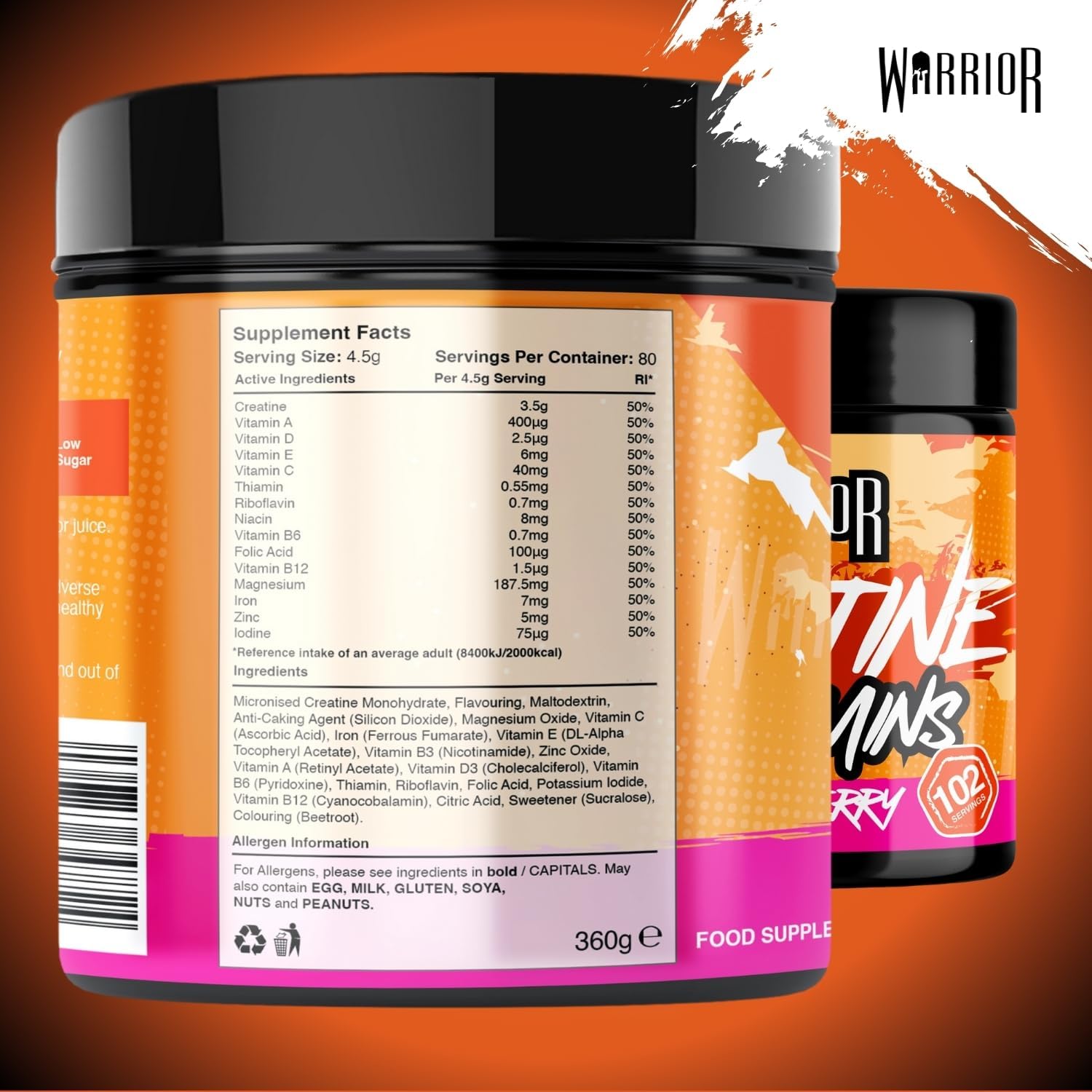 Thumbnail 2 de Warrior Creatine Monohydrate + Vitamine (360 g, 80 Portionen) – mikronisiertes Kreatin & Multivitamin-Blend, vegan, Mixed Berry