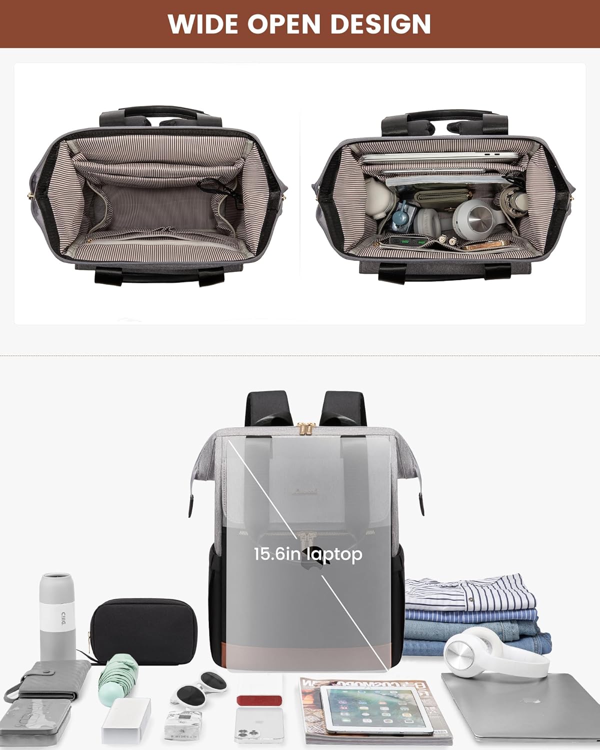 Detalle de LOVEVOOK Sac à dos pour ordinateur portable 15,6 pouces – Gris et noir, 17,3 Zoll, femme