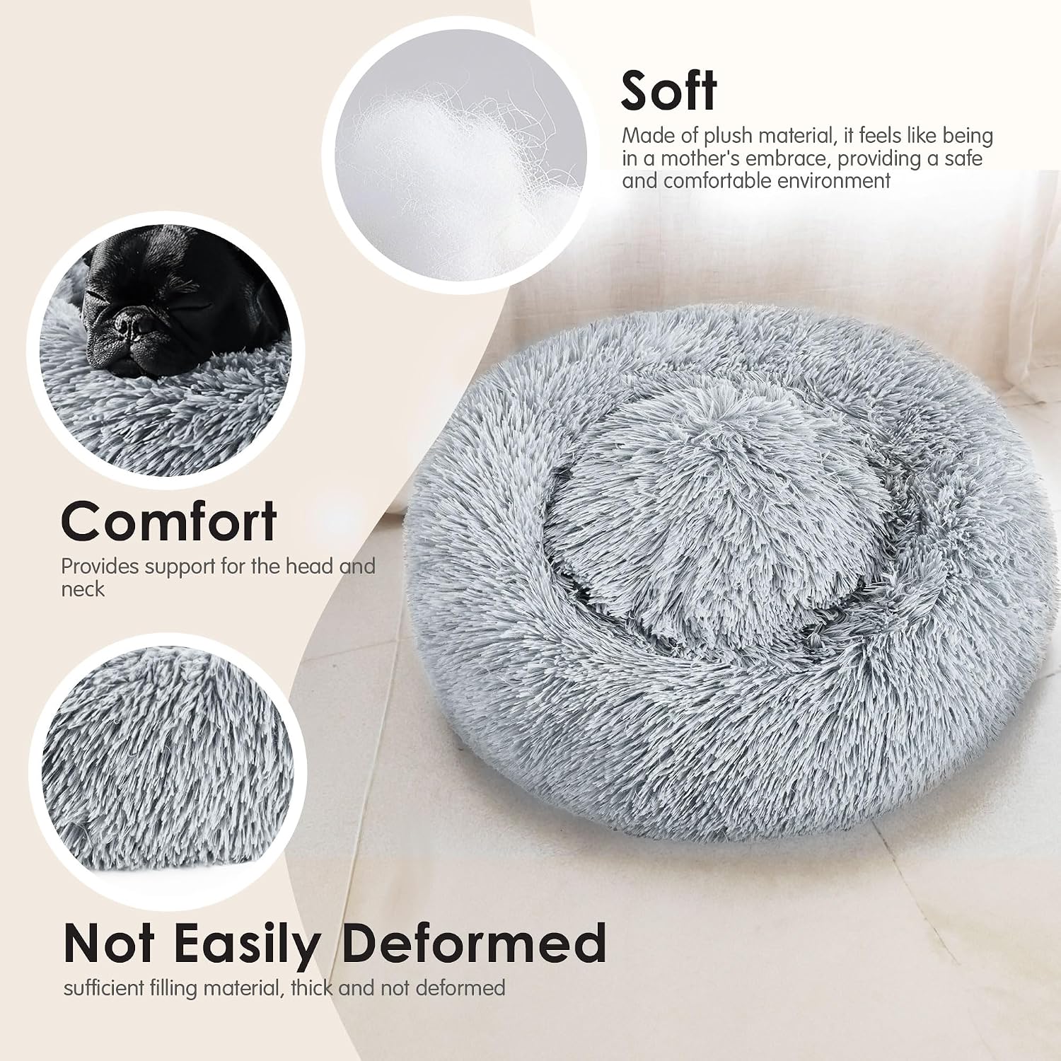 Detalle 1 de Hoewina CWW-FT 20-Inch Donut Pet Bed, Light Gray, Non-Slip Bottom