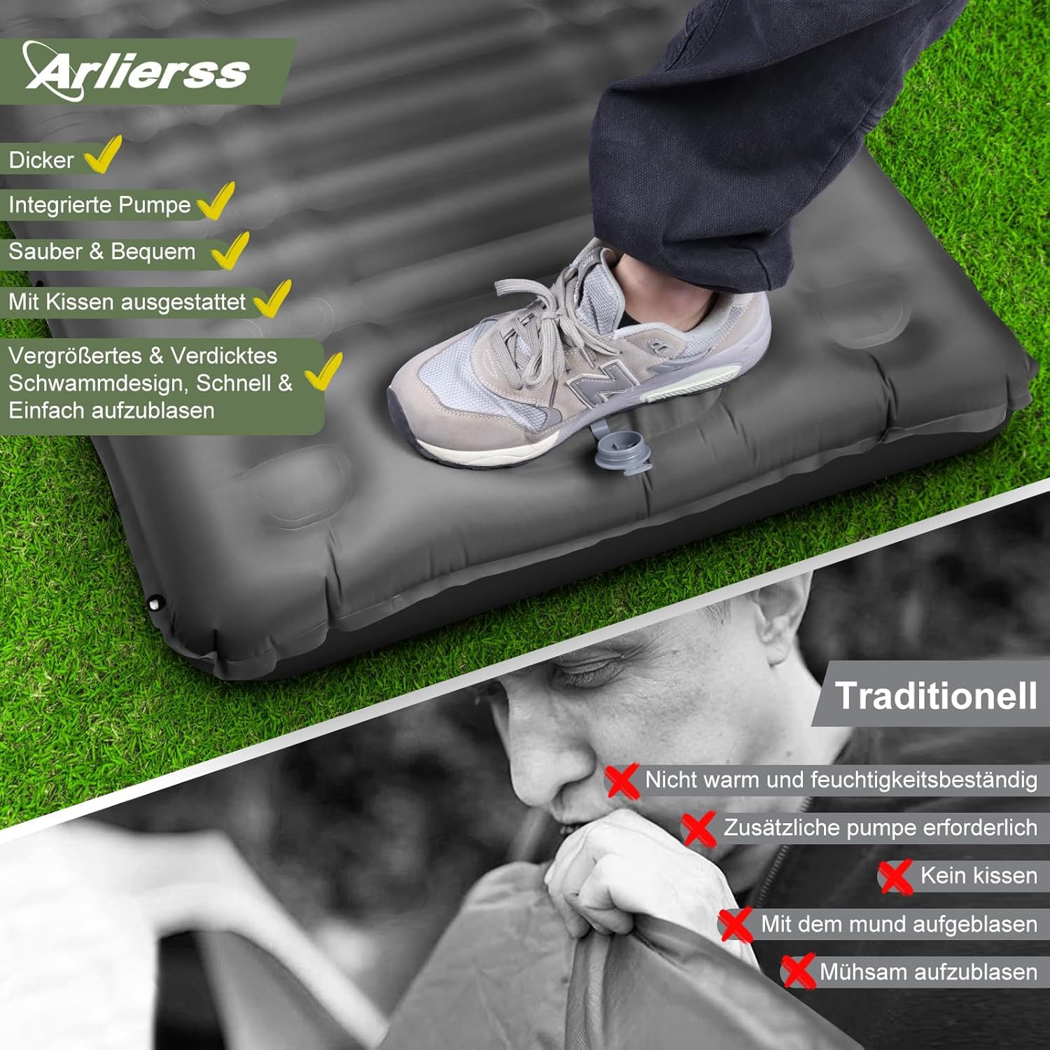 Thumbnail 3 de Arlierss Isomatte 12 cm Luftmatratze fürs Camping – mit Fußpresse, Pumpe und Kissen