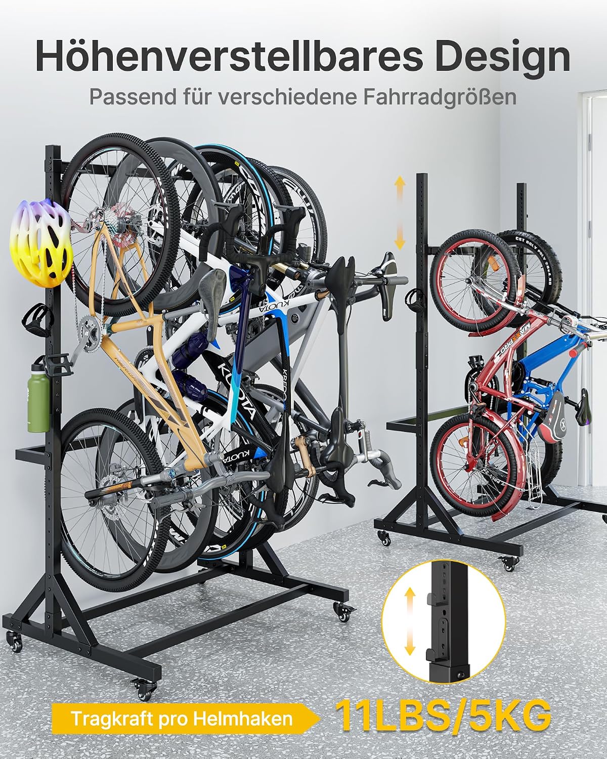 Detalle de monTEK freistehender Fahrradständer für 5 Fahrräder mit 5 verschiebbaren Haken & 6 Helmhaken – Schwerlast (160 kg)