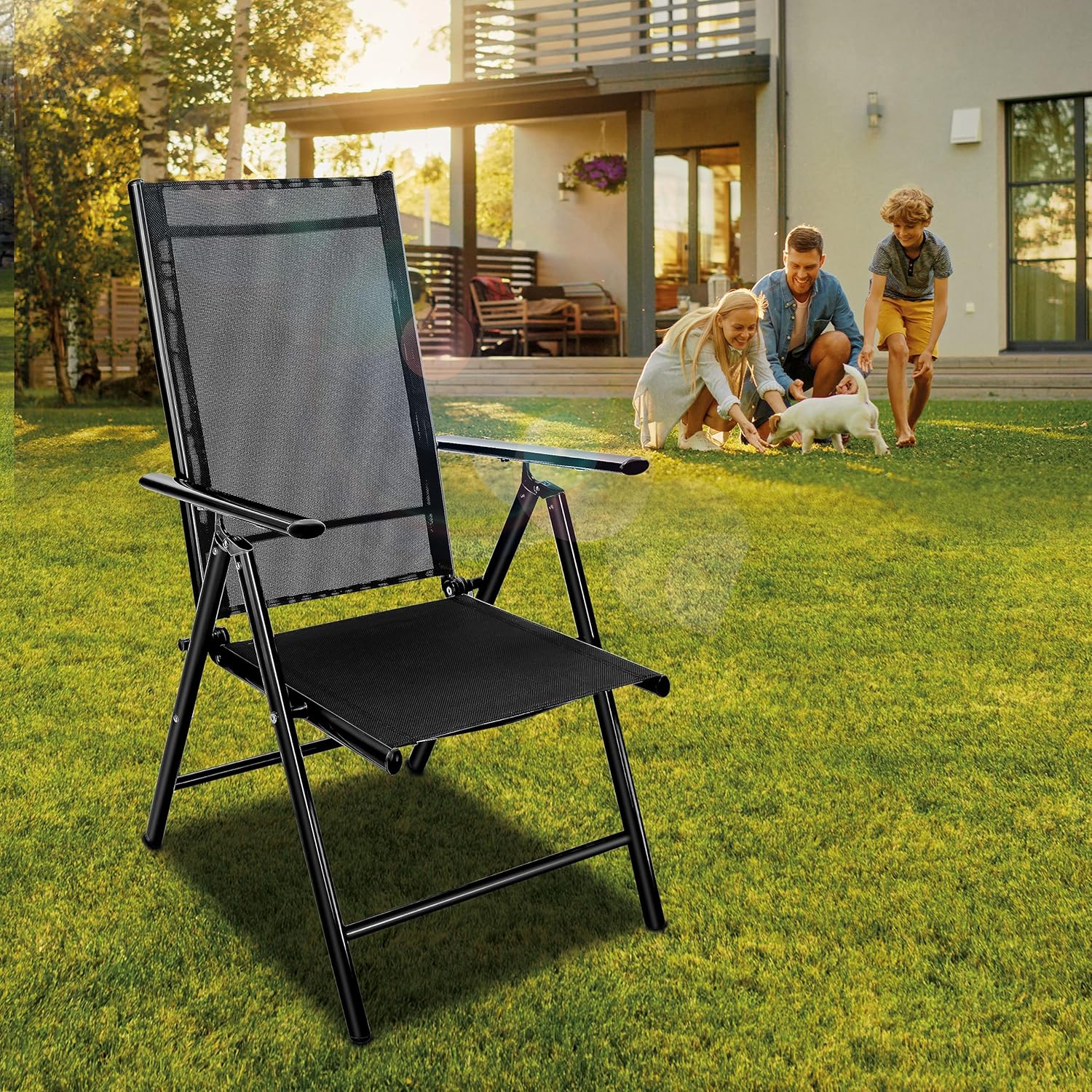 Thumbnail 1 de Tillvex Gartenstuhl 4 Stück: Klappbar aus Aluminium, Hochlehner mit Armlehnen, verstellbar – Ideal für Balkon, Garten und Terrasse