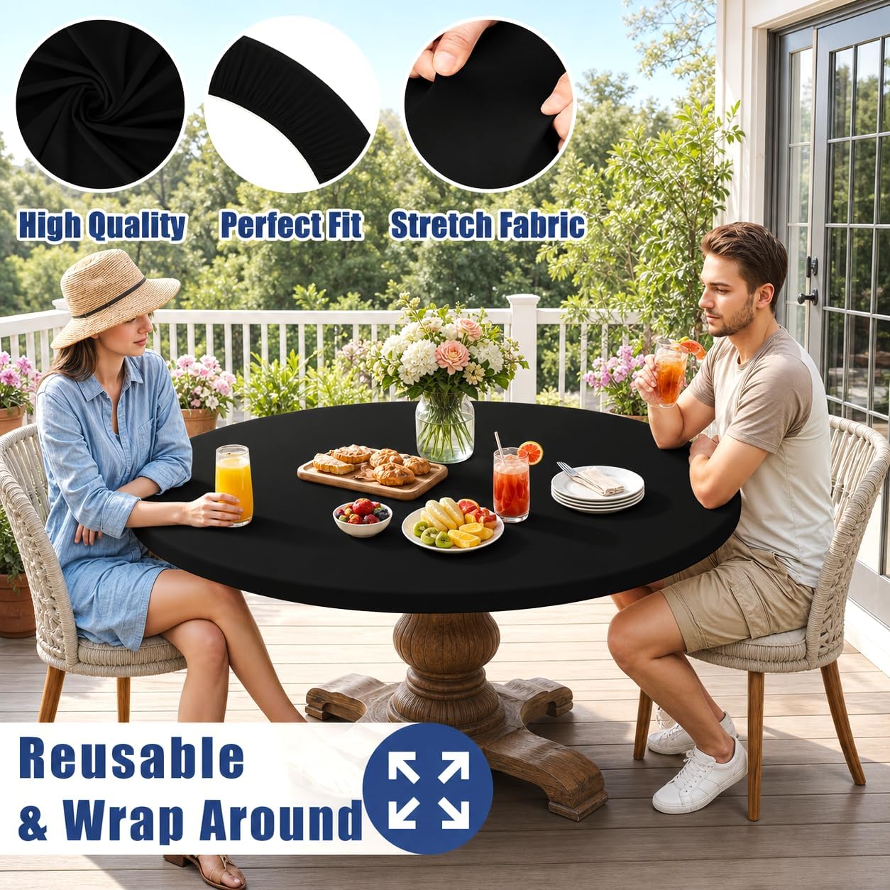 Detalle de Moosfor Round Spandex Tablecloth: Elastic, Waterproof Fit for 36–44-Inch Tables (Black)