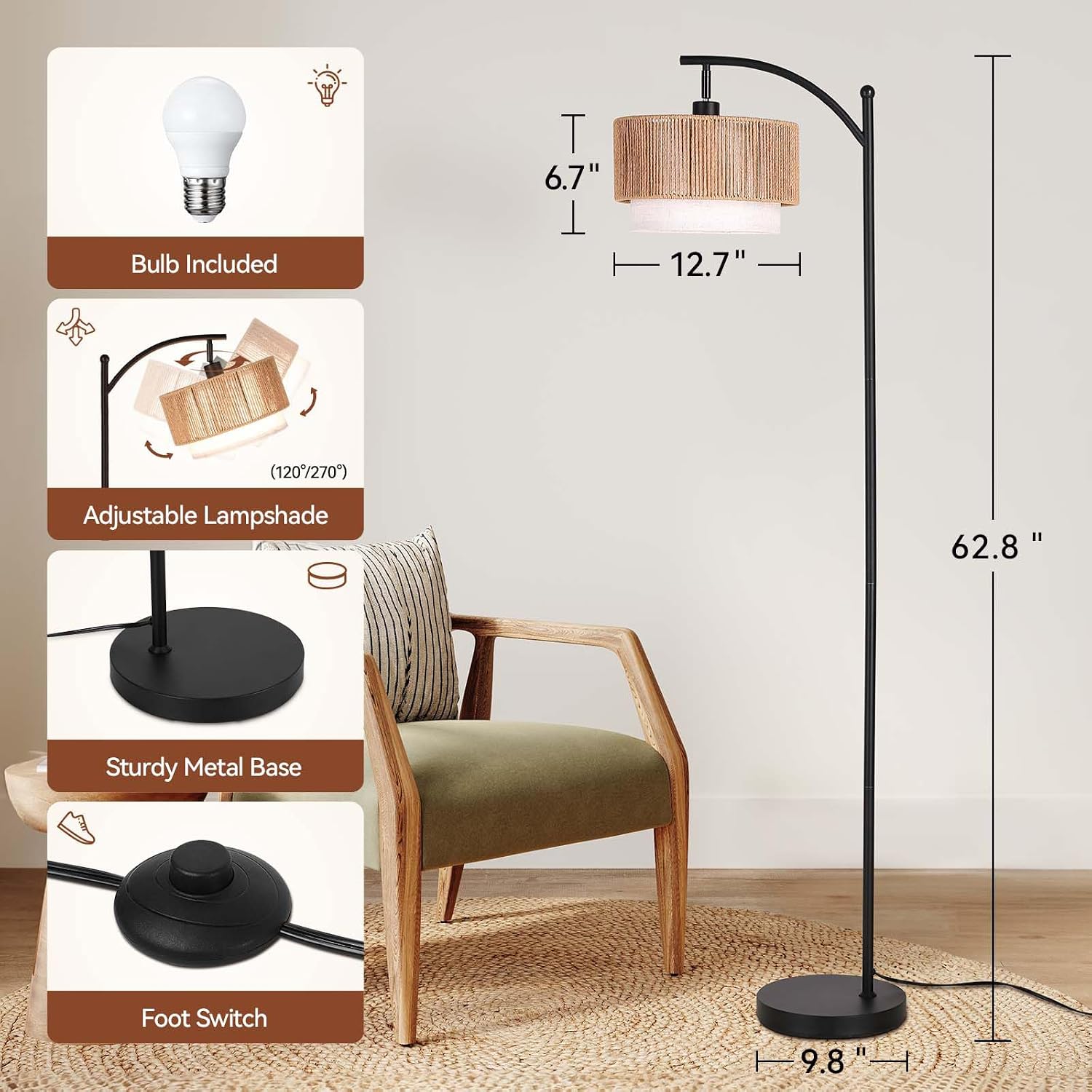 Detalle de SUNMORY SR000149 Arc Floor Lamp with Rattan Shade and 3-Color LED Bulb