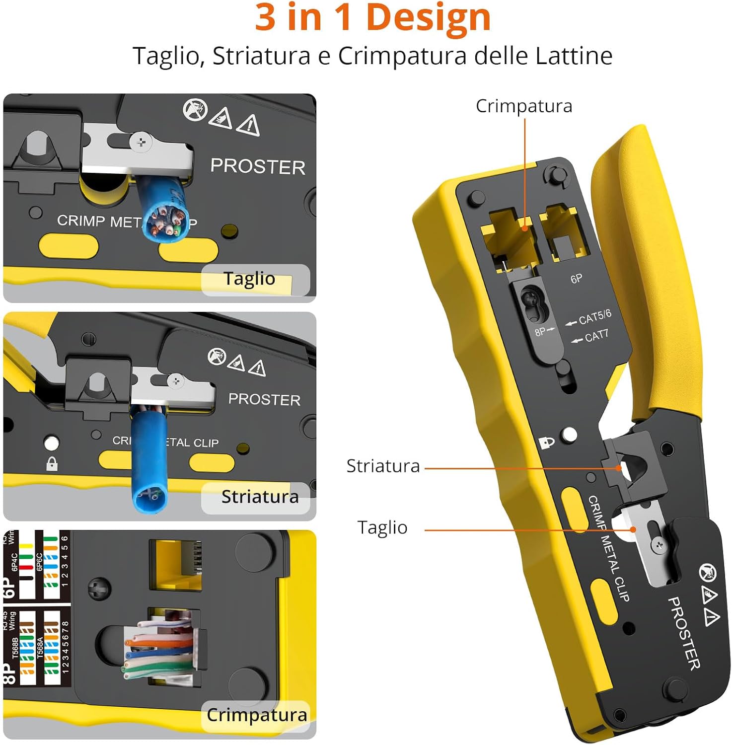 Detalle 2 de Proster Pinza Crimpatrice RJ45 Pass Through Multifunzione: Kit completo per connettori Cat5/6/7 con 50 connettori e protezioni