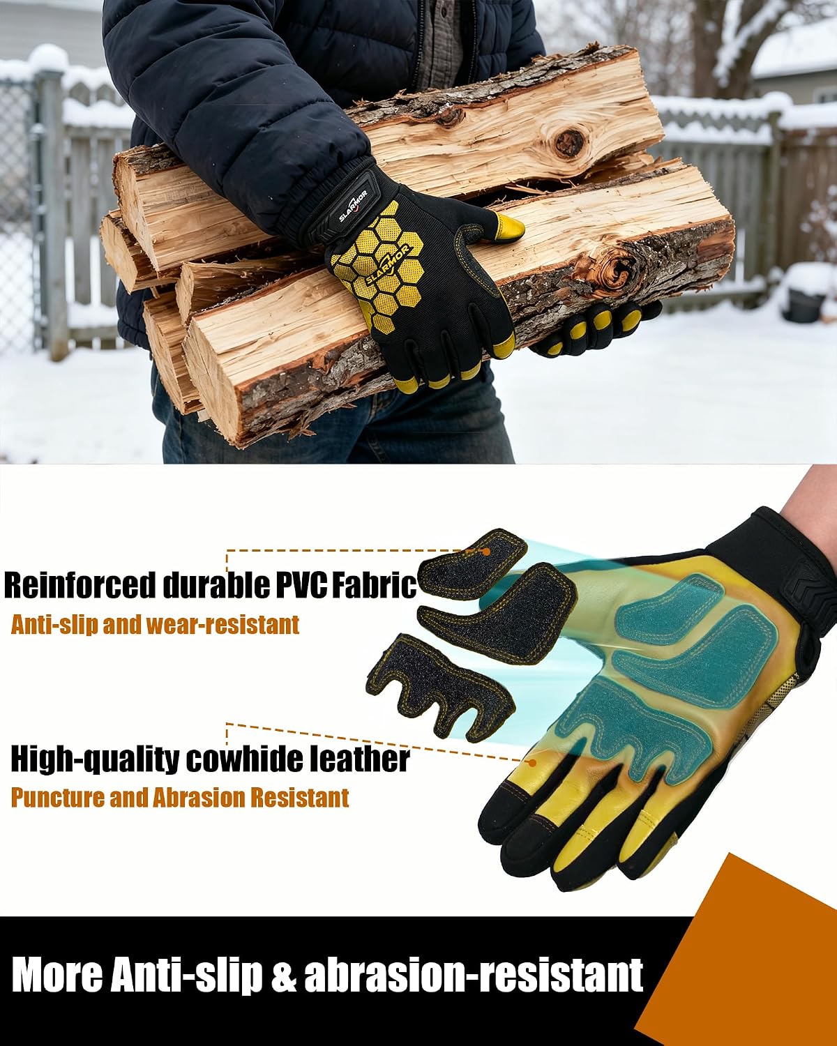 Detalle de SLARMOR Winter Work Gloves with 100g Thinsulate, Cowhide Palm and Touchscreen Fingers