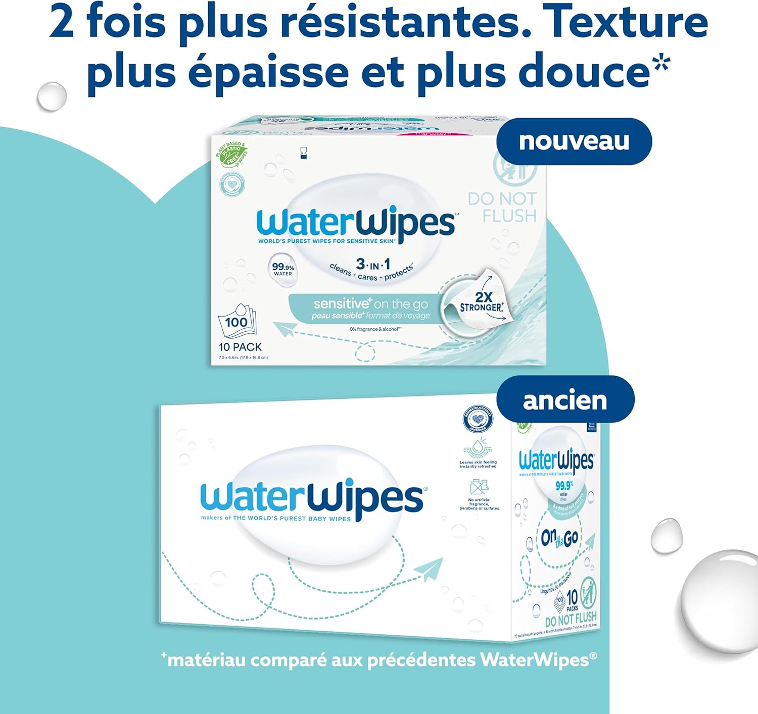 Detalle de WaterWipes Sensitive+ On The Go Wipes — Lingettes sans parfum, 99,9% eau purifiée, 100 unités (10 paquets)