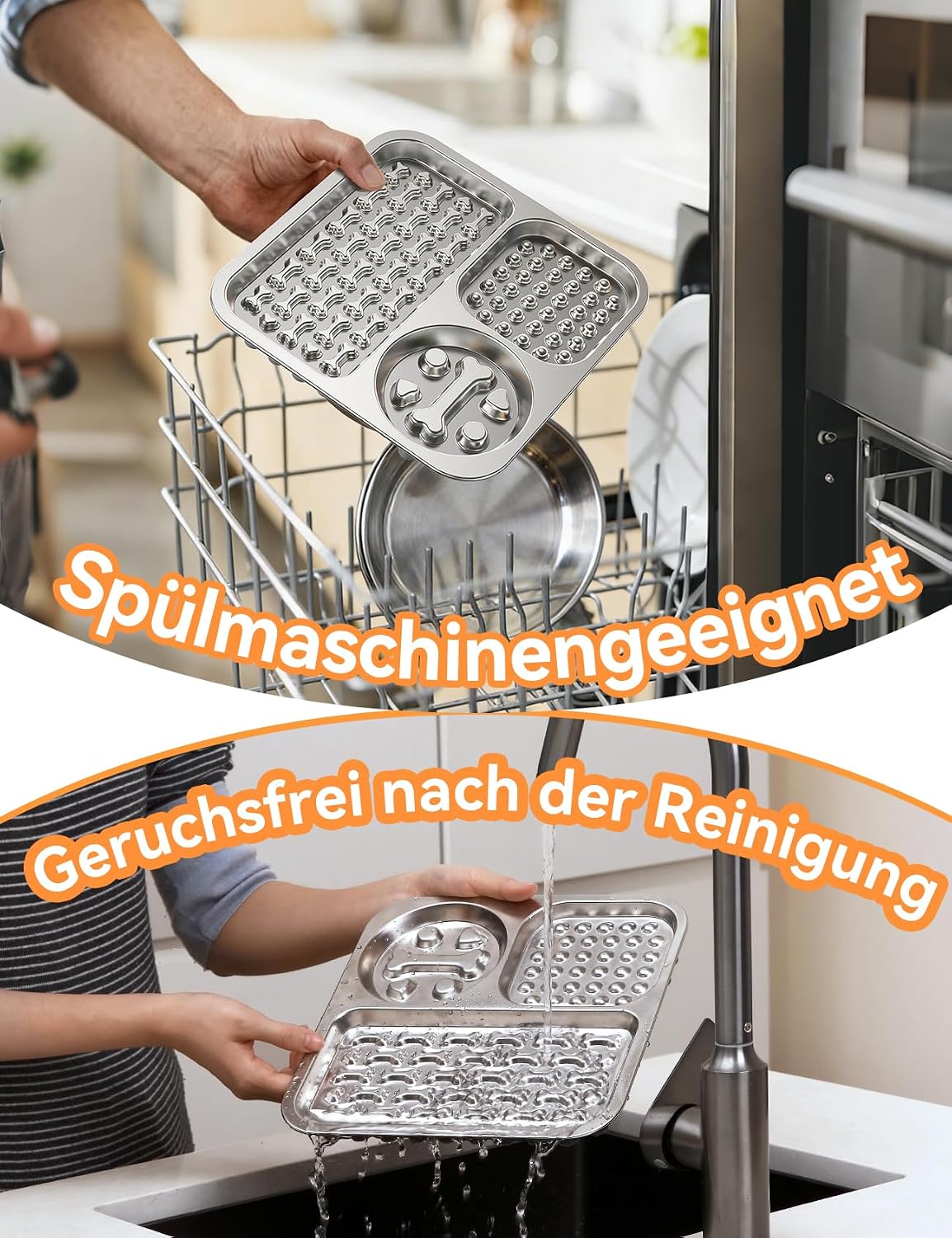 Detalle 2 de FEELNEEDY Edelstahl Schleckmatte Hund mit Schaber – rutschfeste Anti-Schling-Mahlzeit mit Zahnpflege und Saugnäpfen