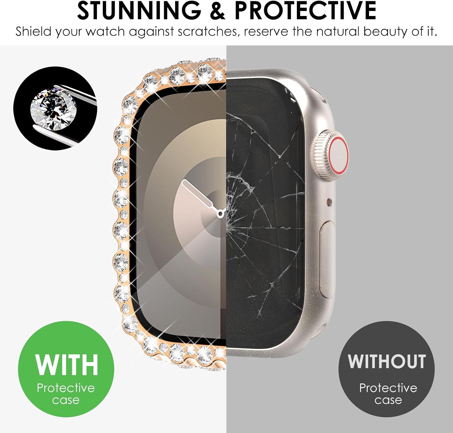 Detalle de Fullife 2 in 1 Waterproof Bling Case & 9H Tempered Glass Screen Protector for Apple Watch 45mm (Series 9/8/7) – Rosegold
