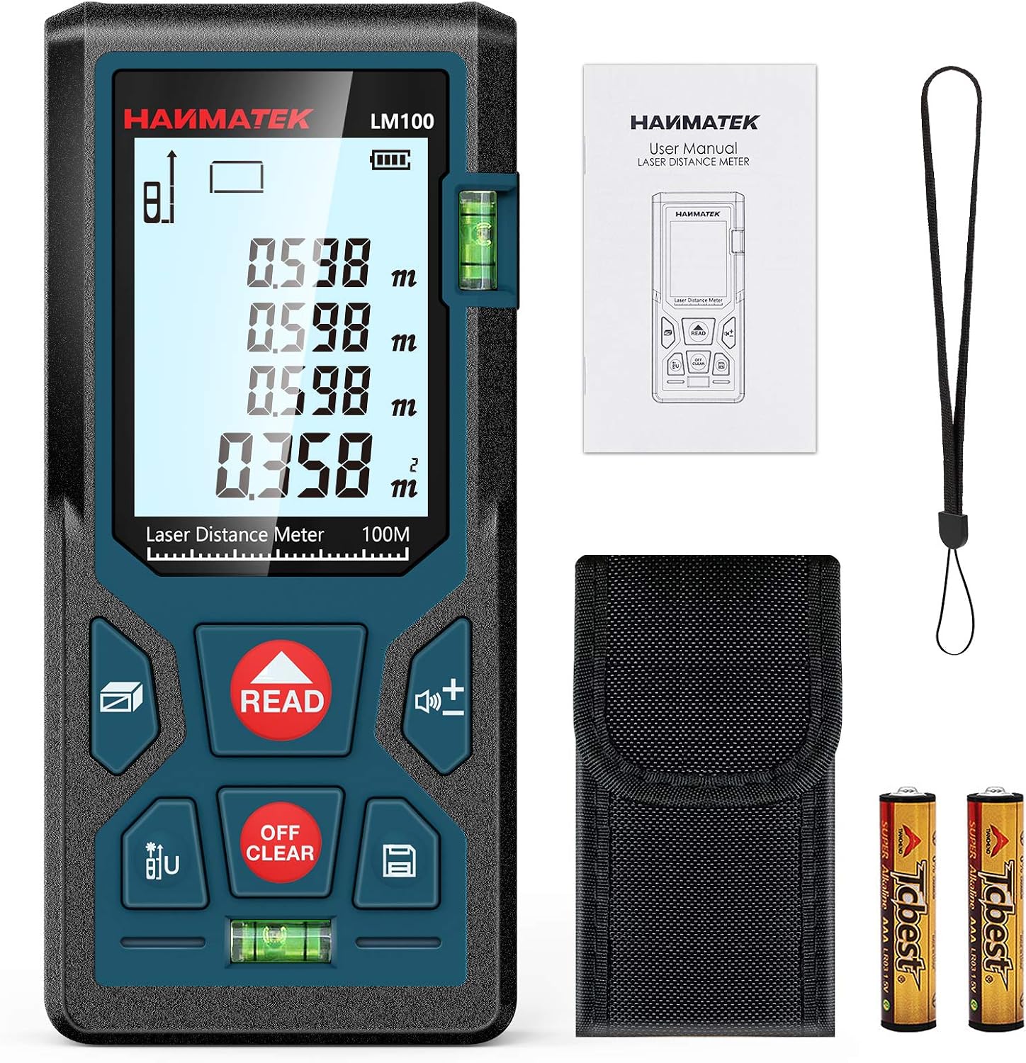HANMATEK LM100 Laser Distance Meter: 100m Range, 2 Bubble Levels & Pythagorean Mode