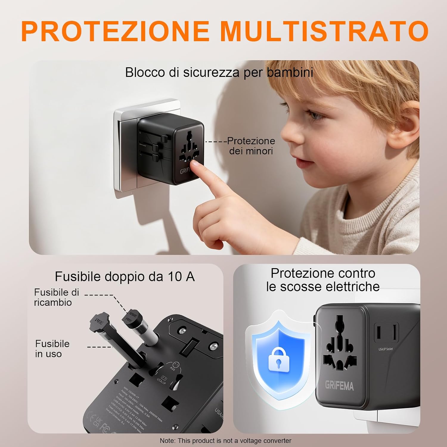 Thumbnail 3 de GRIFEMA Adattatore universale da viaggio 6 in 1: 2 USB-C, 2 USB-A e 2 prese AC per viaggiare in sicurezza