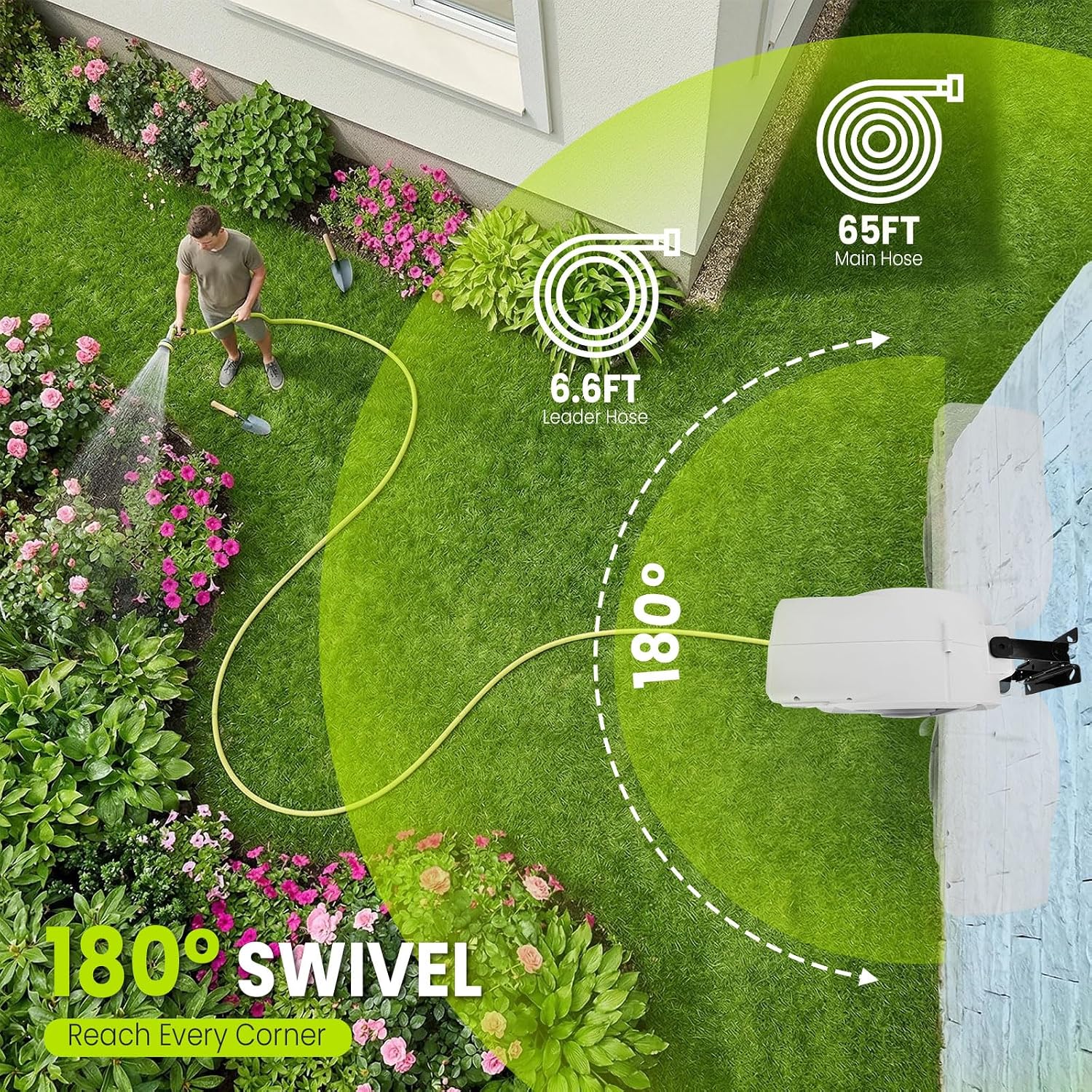 Thumbnail 2 de Bietor Retractable Garden Hose Reel (20m + 2m Lead) with 10-Pattern Nozzle, 180° Wall Mount, UV-Resistant & Slow Return