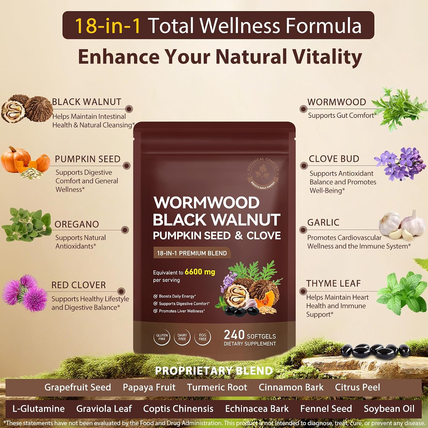 Detalle 2 de FANSHI Wormwood, Black Walnut & Clove Supplement, 240 Softgels