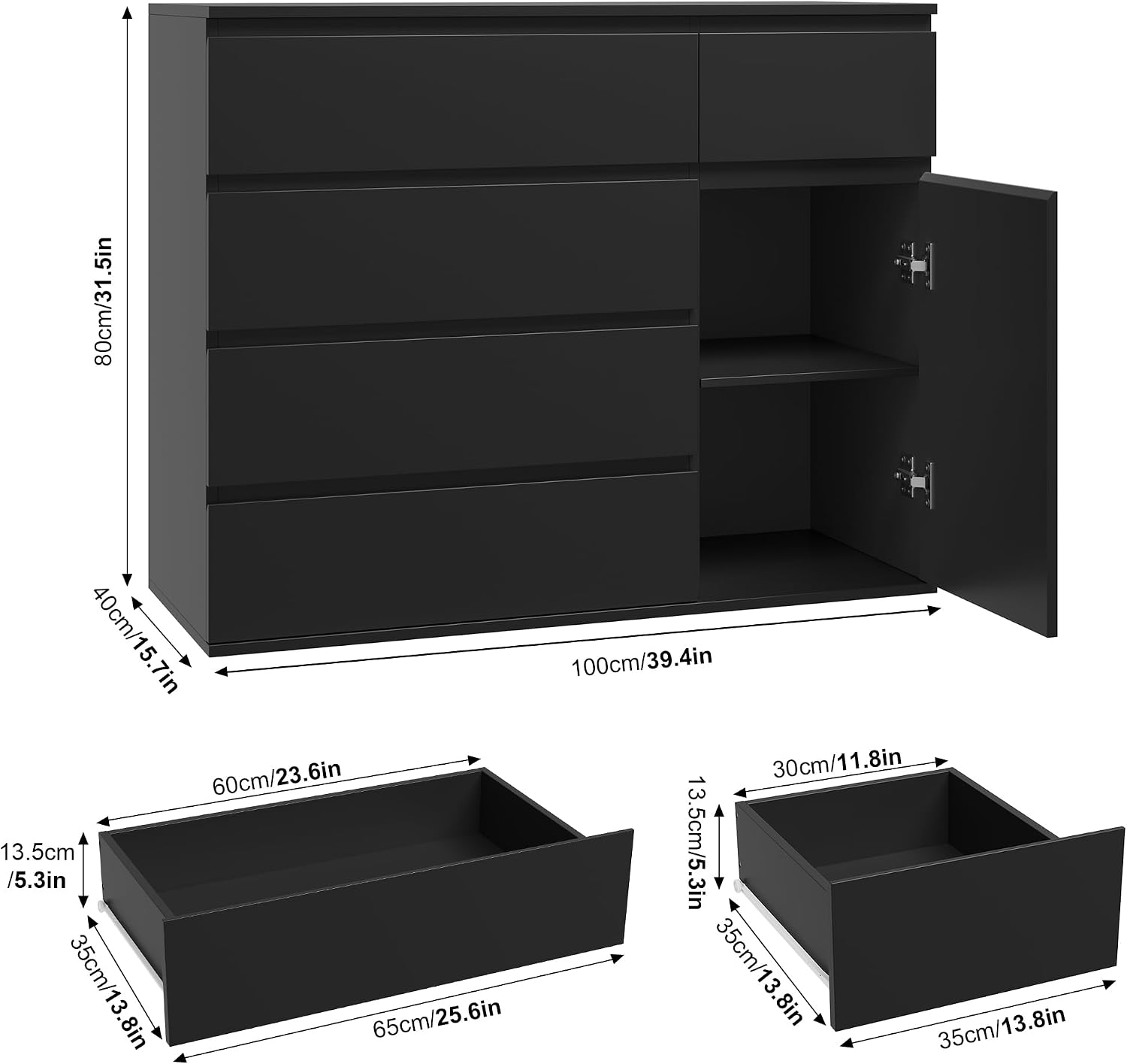 Detalle de FOREHILL M241 Chest of Drawers, Black, 5 Drawers and Door Storage, 100 x 40 x 80 cm