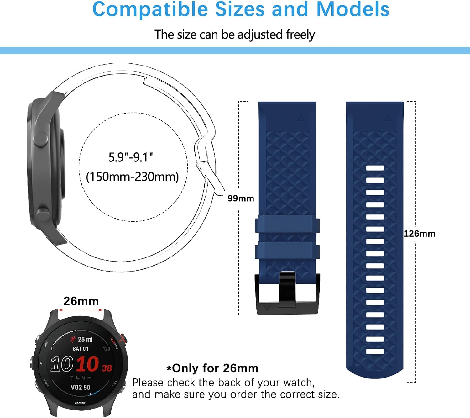 Detalle de LanQii 26mm QuickFit Silikon-Armband für Garmin (QuickFit) – Ersatzband in Blau/Schwarz