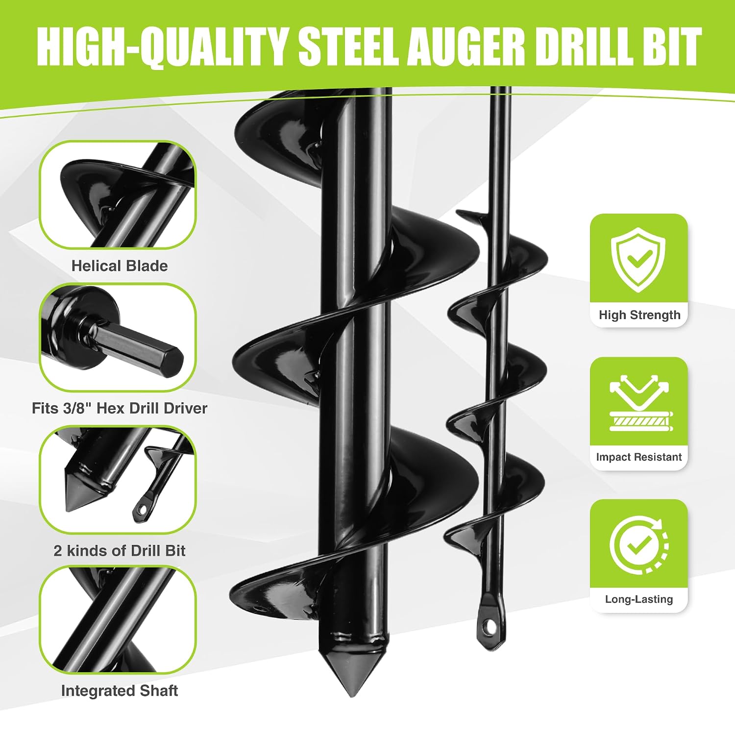 Thumbnail 4 de WORKPRO Dual-Size Auger Drill Bit Set with Hex Drive (4 x 42 cm & 9 x 40 cm) – Bulb Planter & Post Hole Digger