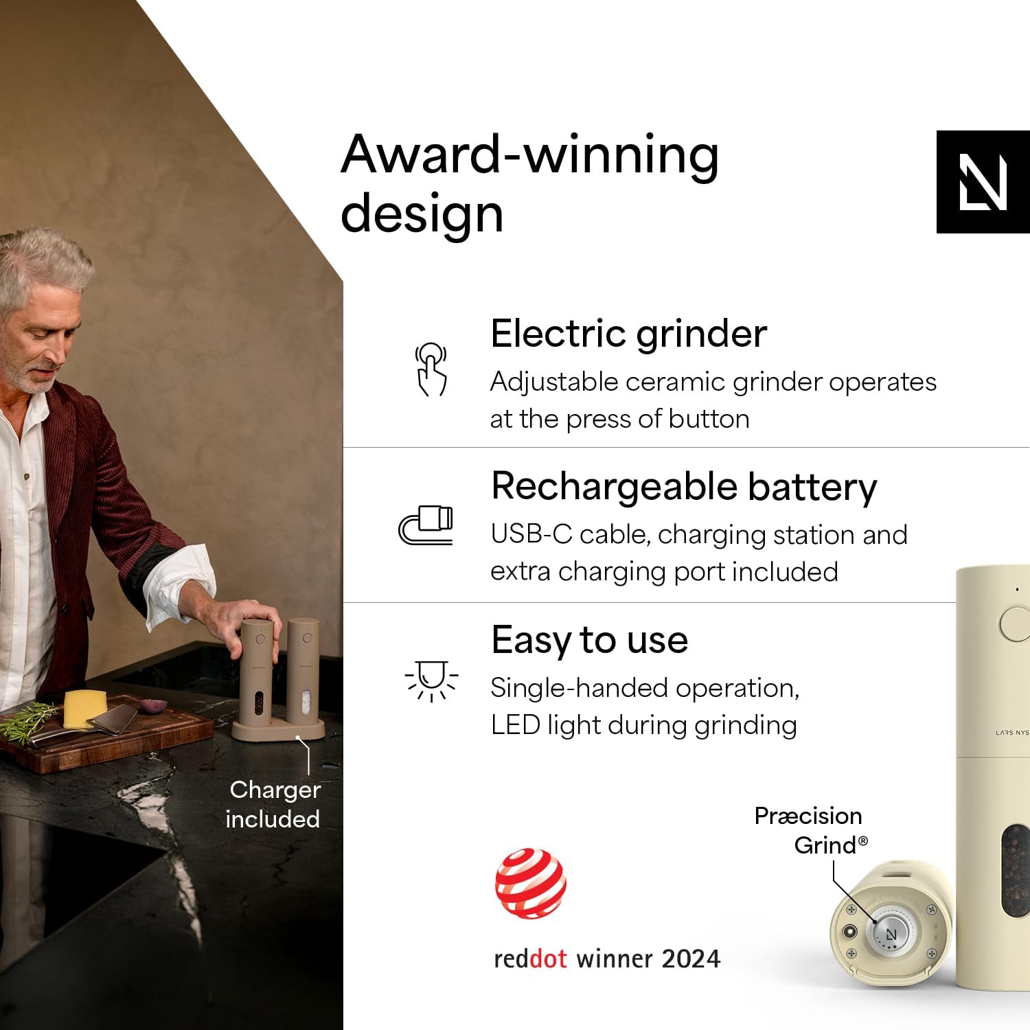 Detalle 2 de LARS NYSØM Electric Salt and Pepper Grinder Set, USB Rechargeable