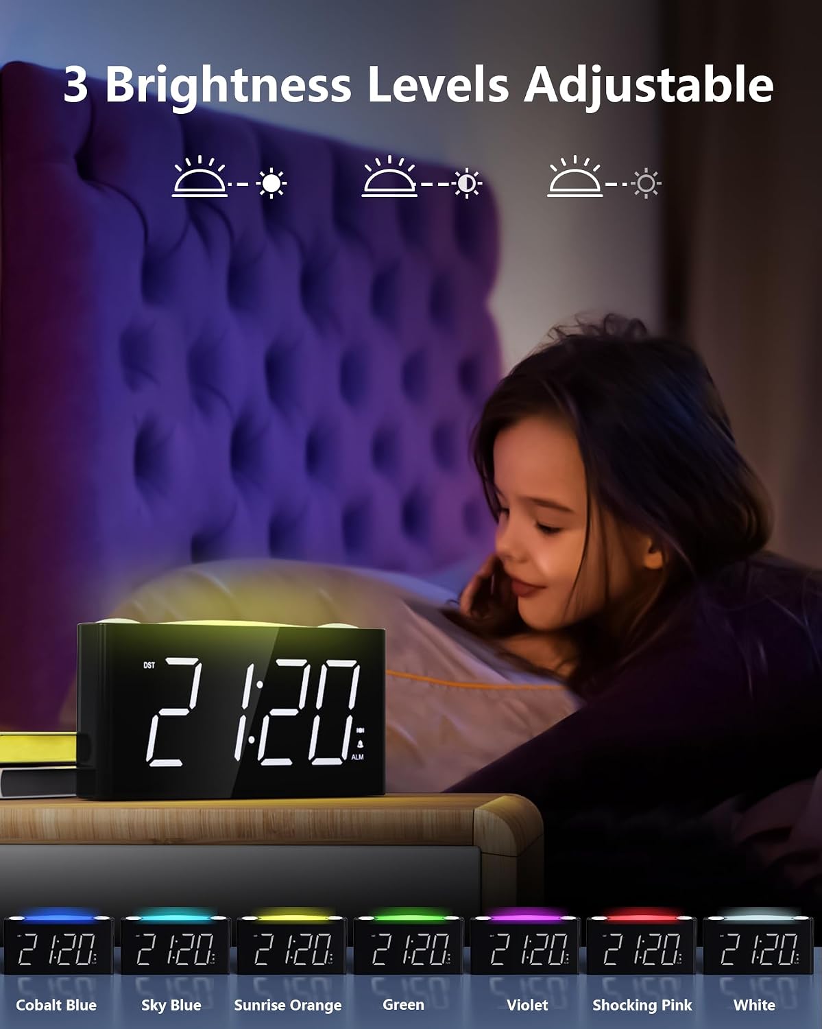 Detalle de Réveil numérique avec vibration pour dormeurs profonds et malentendants, chargeur C, format 12/24 h, écran LED grand format