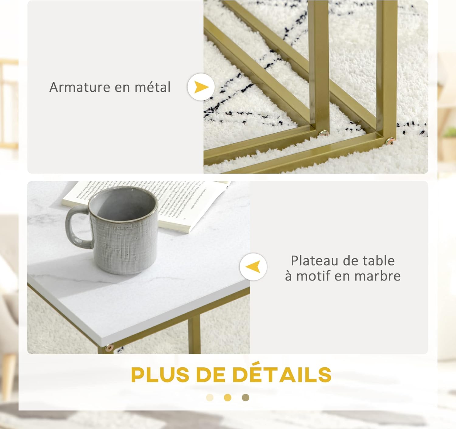 Detalle 2 de HOMCOM Lot de 2 tables basses gigognes avec plateau blanc effet marbre et piétement acier doré