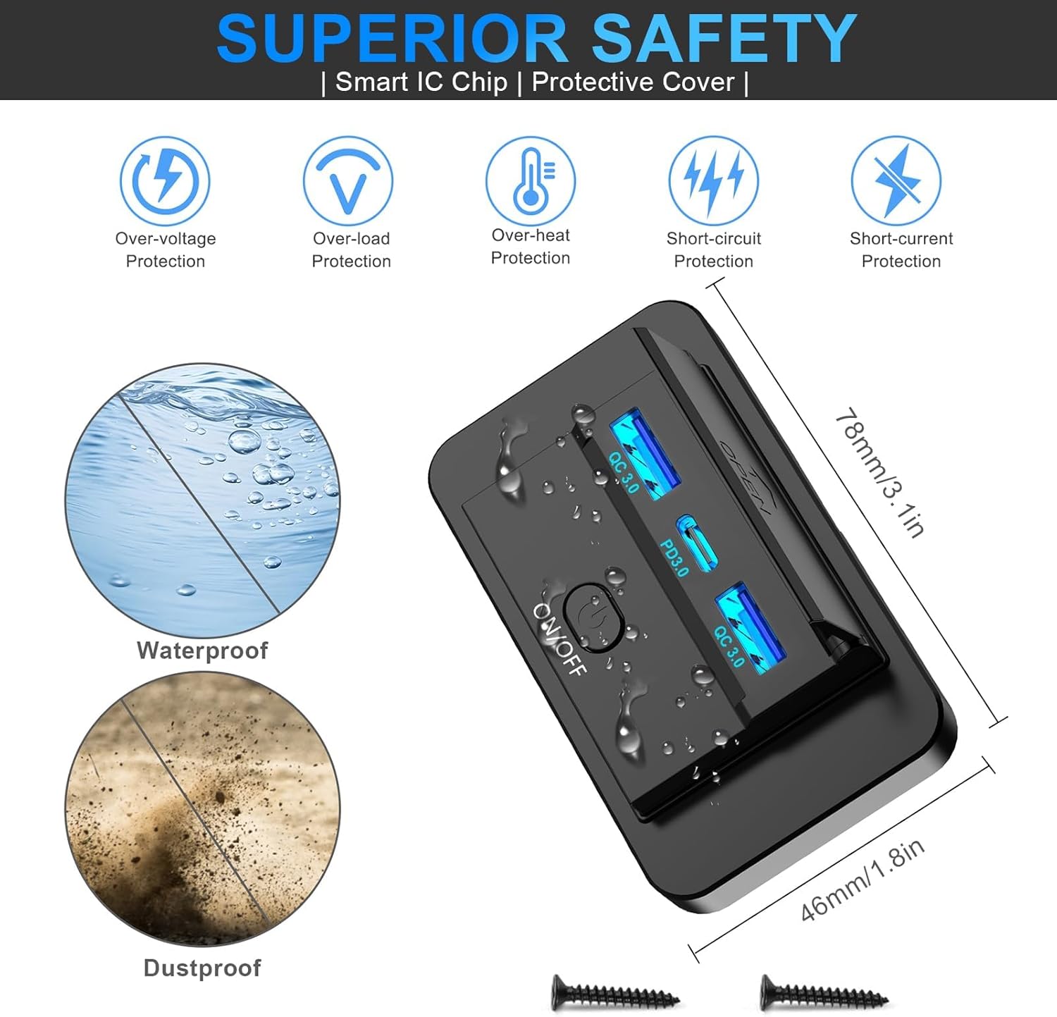 Thumbnail 6 de 2PCS 3-Port 12V RV USB Outlet with 72W Power: Gibbab USB-C PD3.0 36W + QC3.0 36W, 3-Device Fast Charger for RV, Marine & More