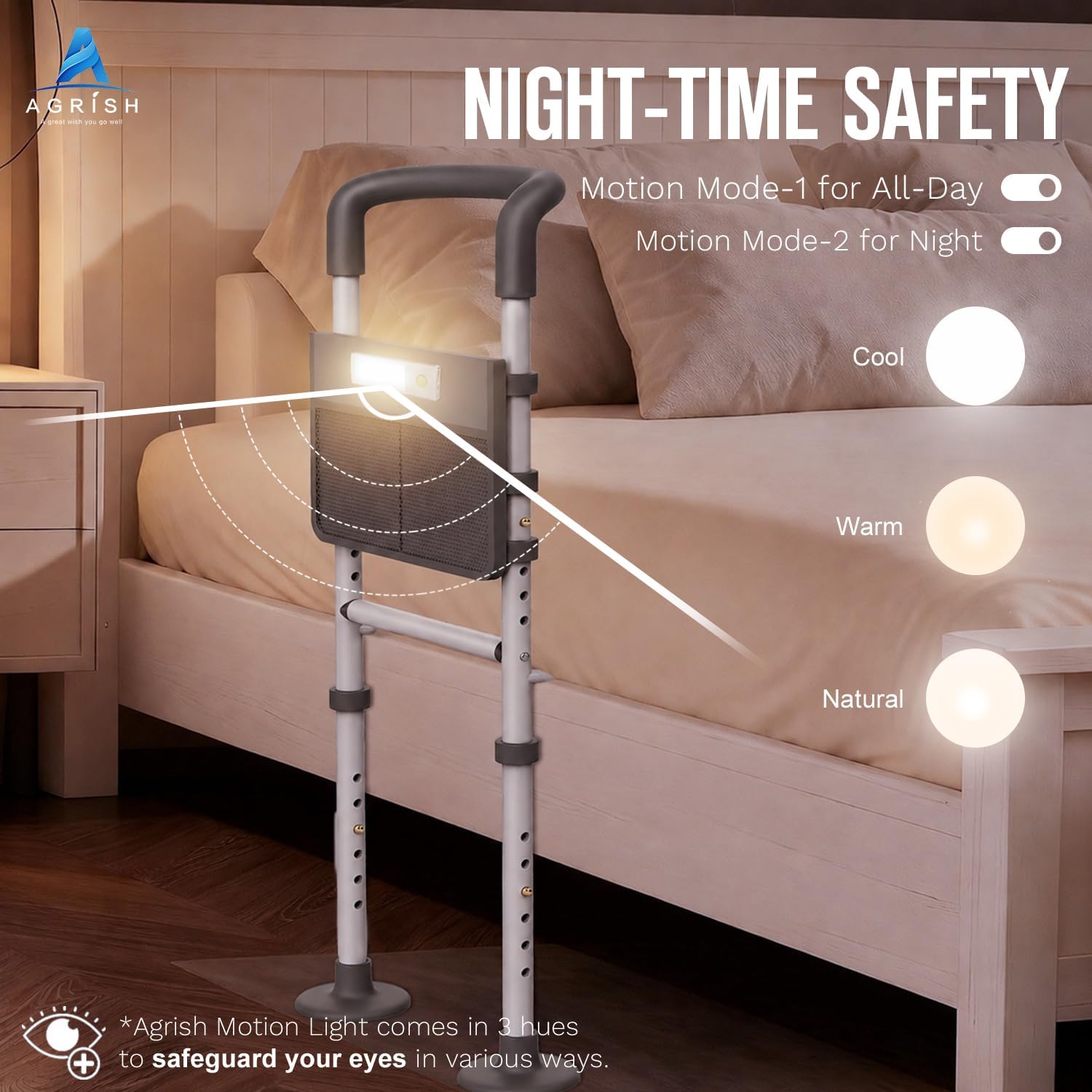 Thumbnail 1 de Agrish Bed Rails for Elderly Adults – Bed Assist Rail with LED Light & Storage Pouch (Single/Double fits)