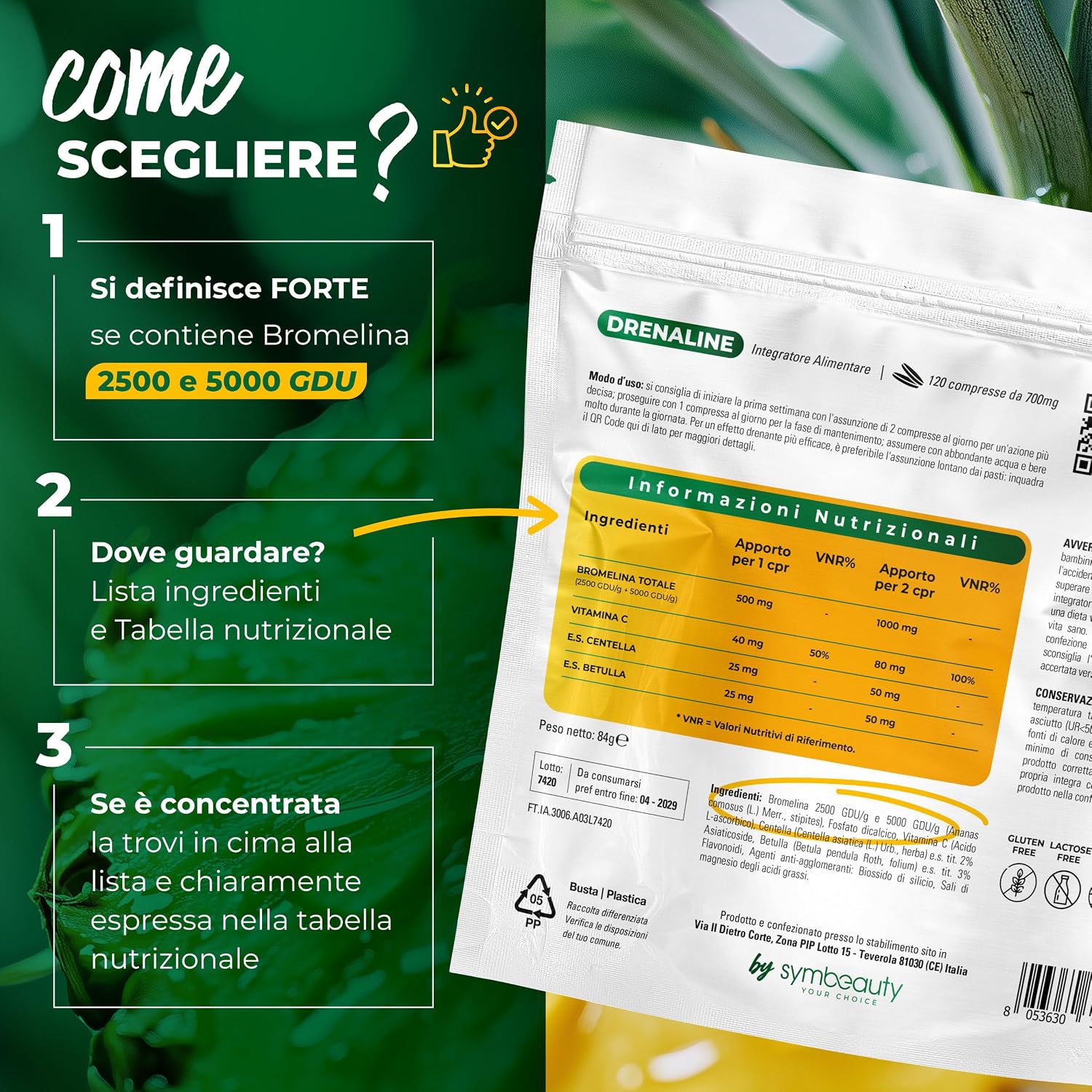 Detalle de Symbeauty Bromelina Forte Drenaline 120 Cpr (4 mesi) – Complex Vegano, Made in Italy