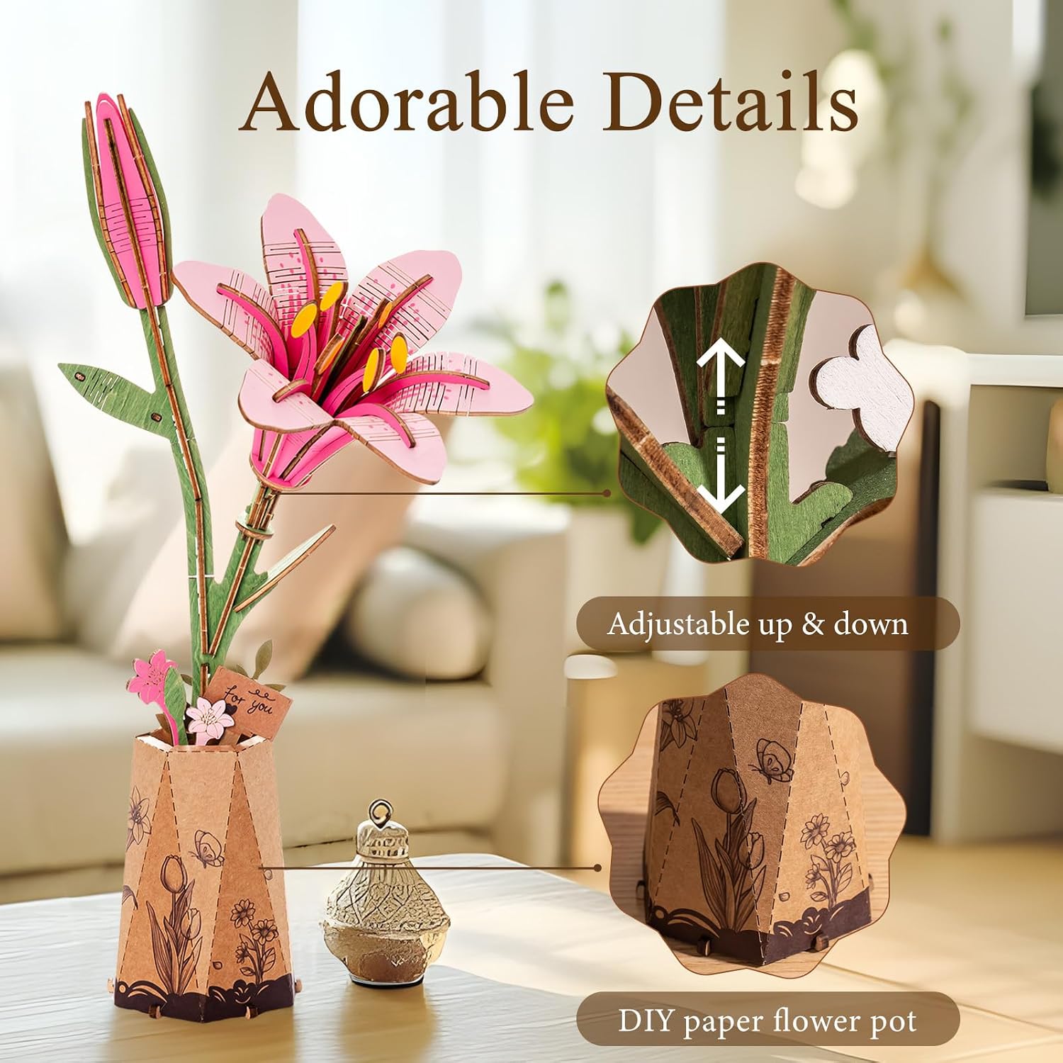Detalle 2 de ROWOOD 3D Wooden Flower Puzzle DIY kit (artificial flower model to assemble) for home décor & Valentine gifting