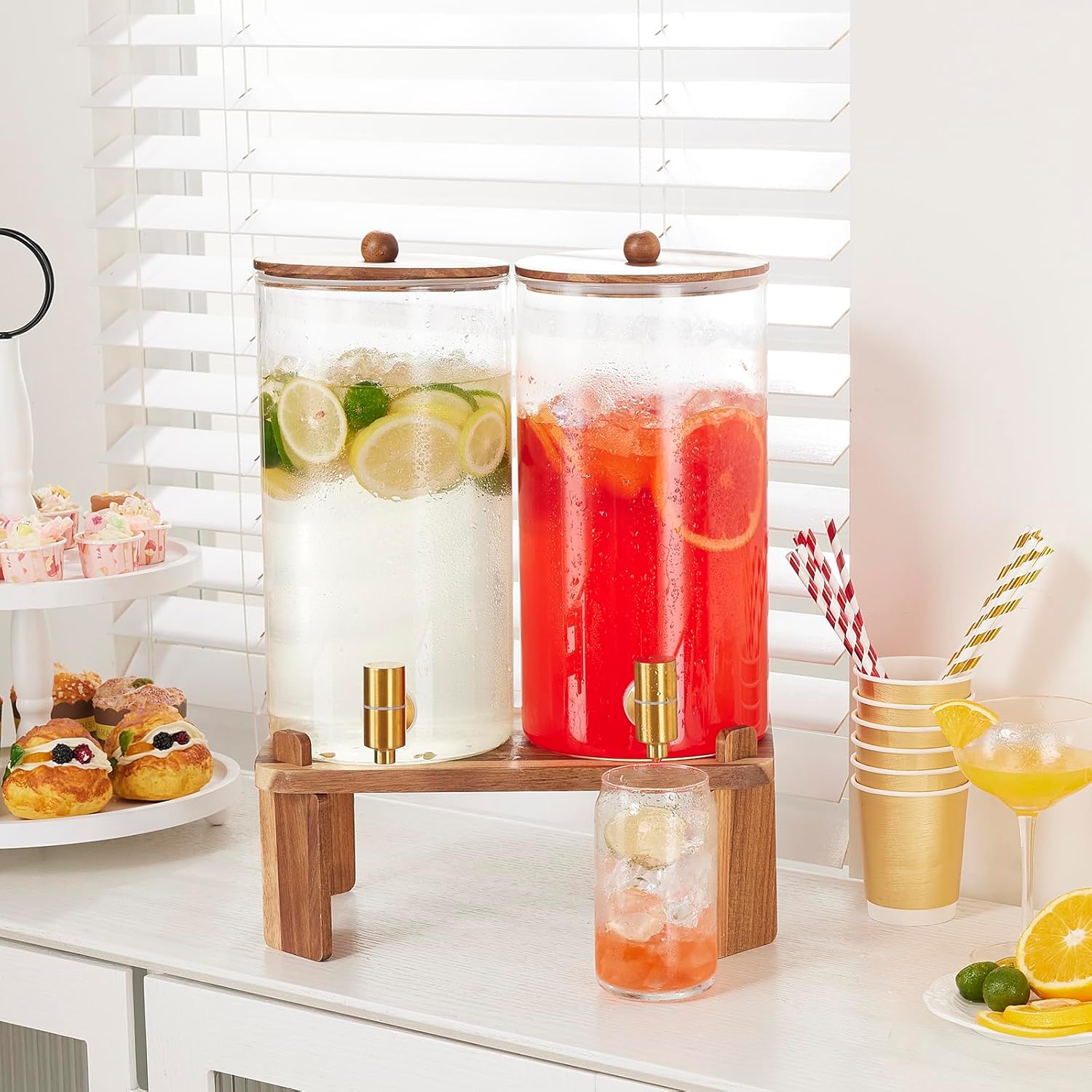 Thumbnail 5 de 2-Pack Glass Beverage Dispenser with Wood Stand — 1.5 Gallon Each