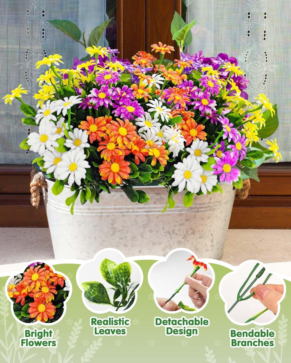 Detalle de 12 Bundles Outdoor Artificial Flowers in Four Colours – UV‑Resistant Daisy Set